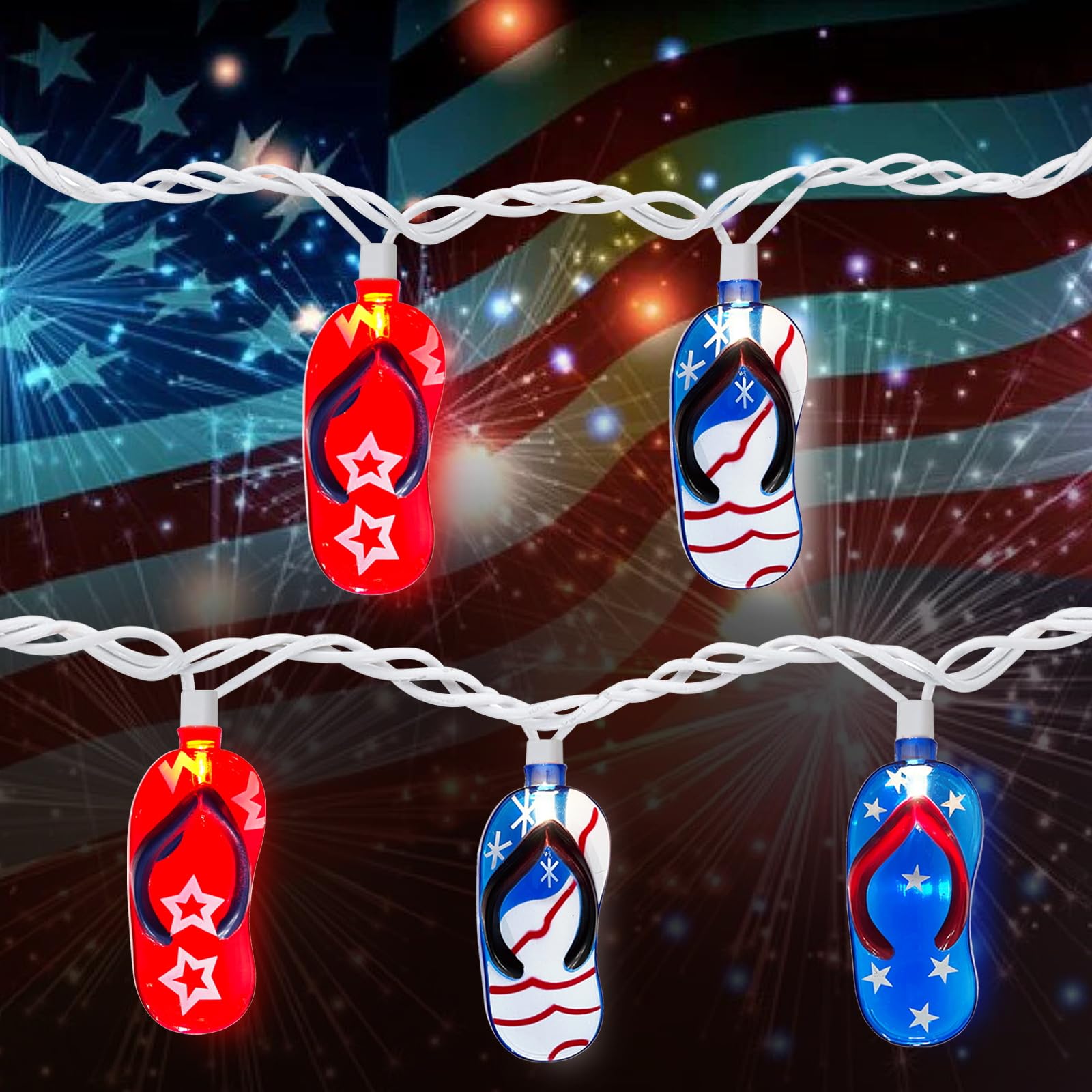 Doratale 8.5FT Red White Blue String Lights - American Flag Slippers, Plug-in Patriotic Fairy Lights for Independence Day Decor