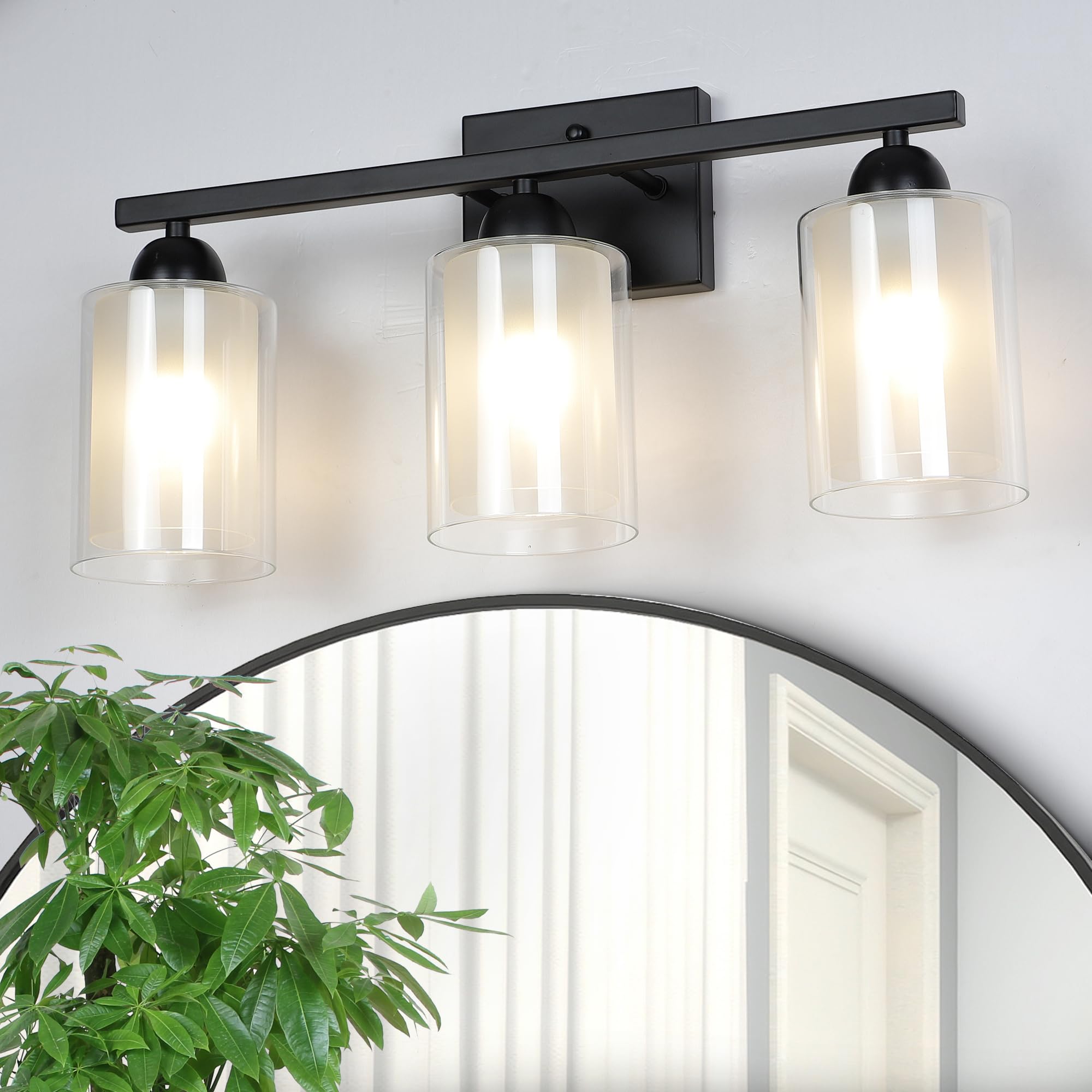 Mecgirn Matte Black Bathroom Vanity Light, 3 Light Fixtures with Milk Glass and Clear Glass Shades, Model B0007-3-Black