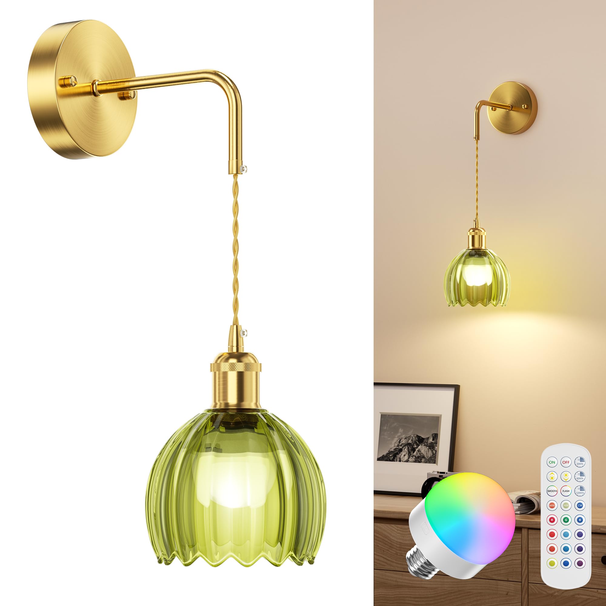 CAMCLIM Rechargeable RGB Wireless Wall Sconce Lamp, Dimmable Vintage Green Glass, Model DX0055, Battery Operated, Indoor Use