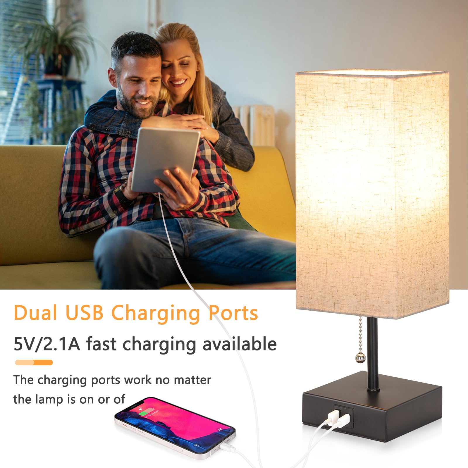 Ggoying Bedside Table Lamp, Pull Chain Bedroom Lamp With Usb C+A Charging Ports, 2700K Led Bulb, Linen Lampshade, Nightstand Lam