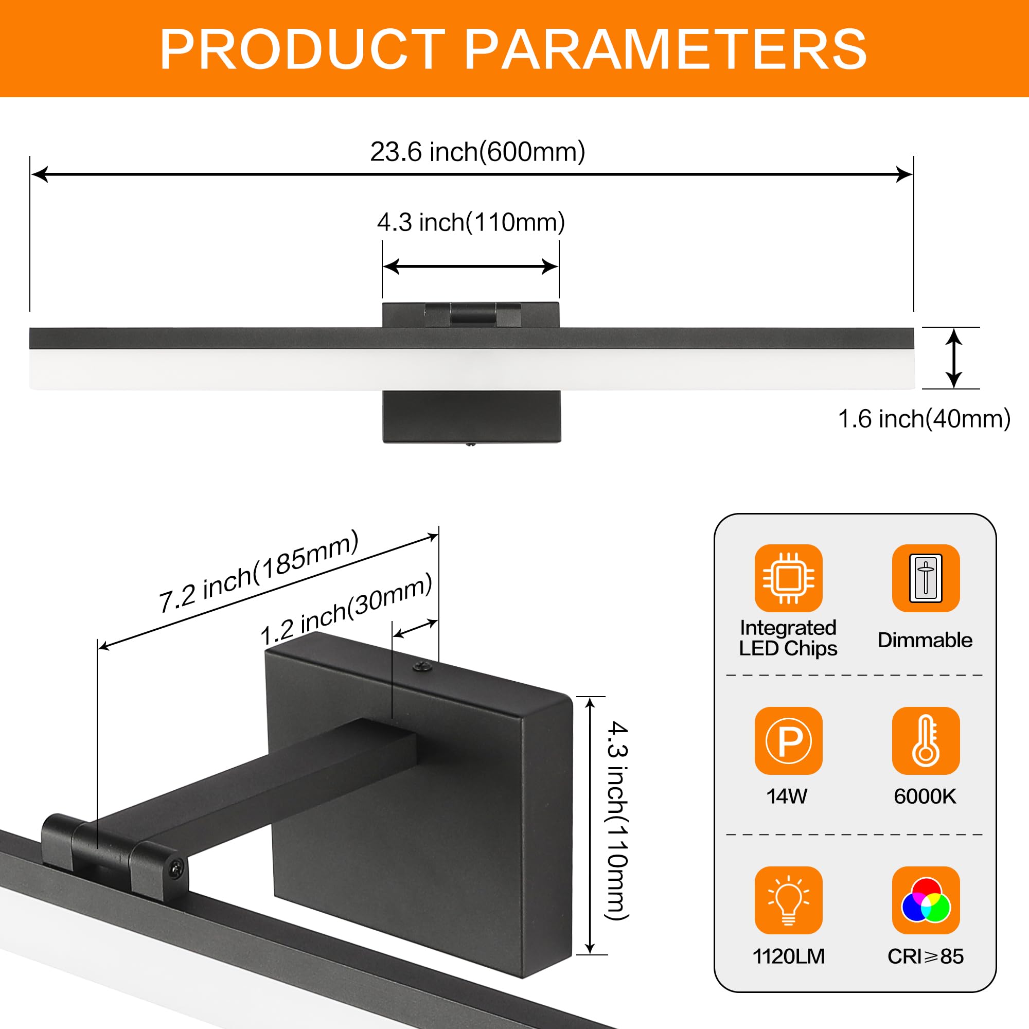 SOLFART Dimmable Vanity Light Bar 6000K Aluminum 23.6in Black Model 8778-600mm-6000K