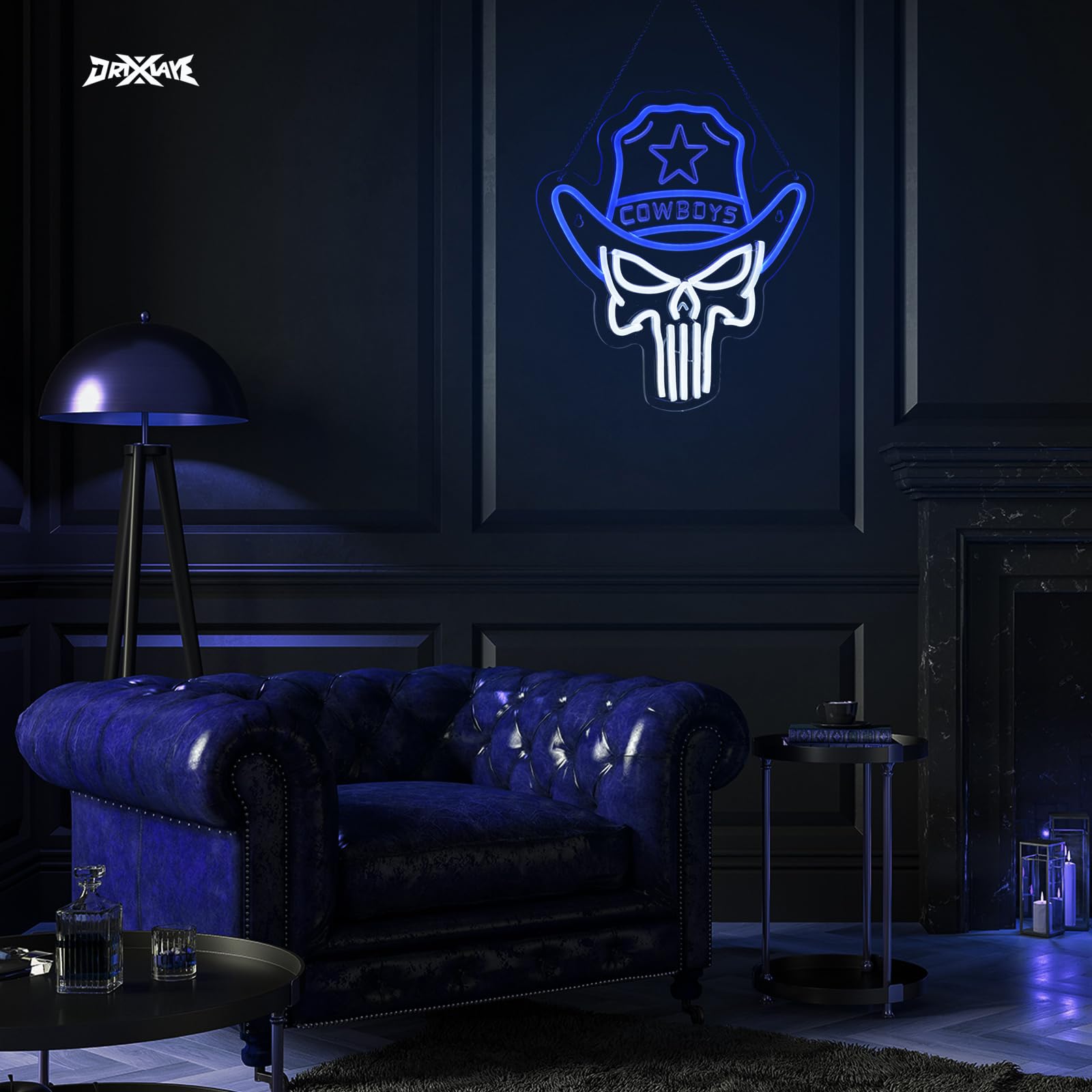 ORIXIAYE Cowboy Neon Sign LED Wall Decor, 13.9inx12.6in, Blue + White Skull, Model ORIXIAYE-A, Polyvinyl Chloride Material