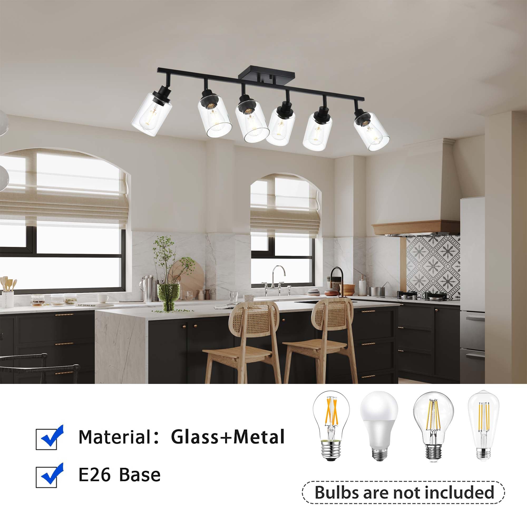 Wanluce 6-Light Black Track Lighting Kit, Rotatable Spotlight with Clear Glass Shade, Model 16450SP-6BL for Kitchen and Bathroom