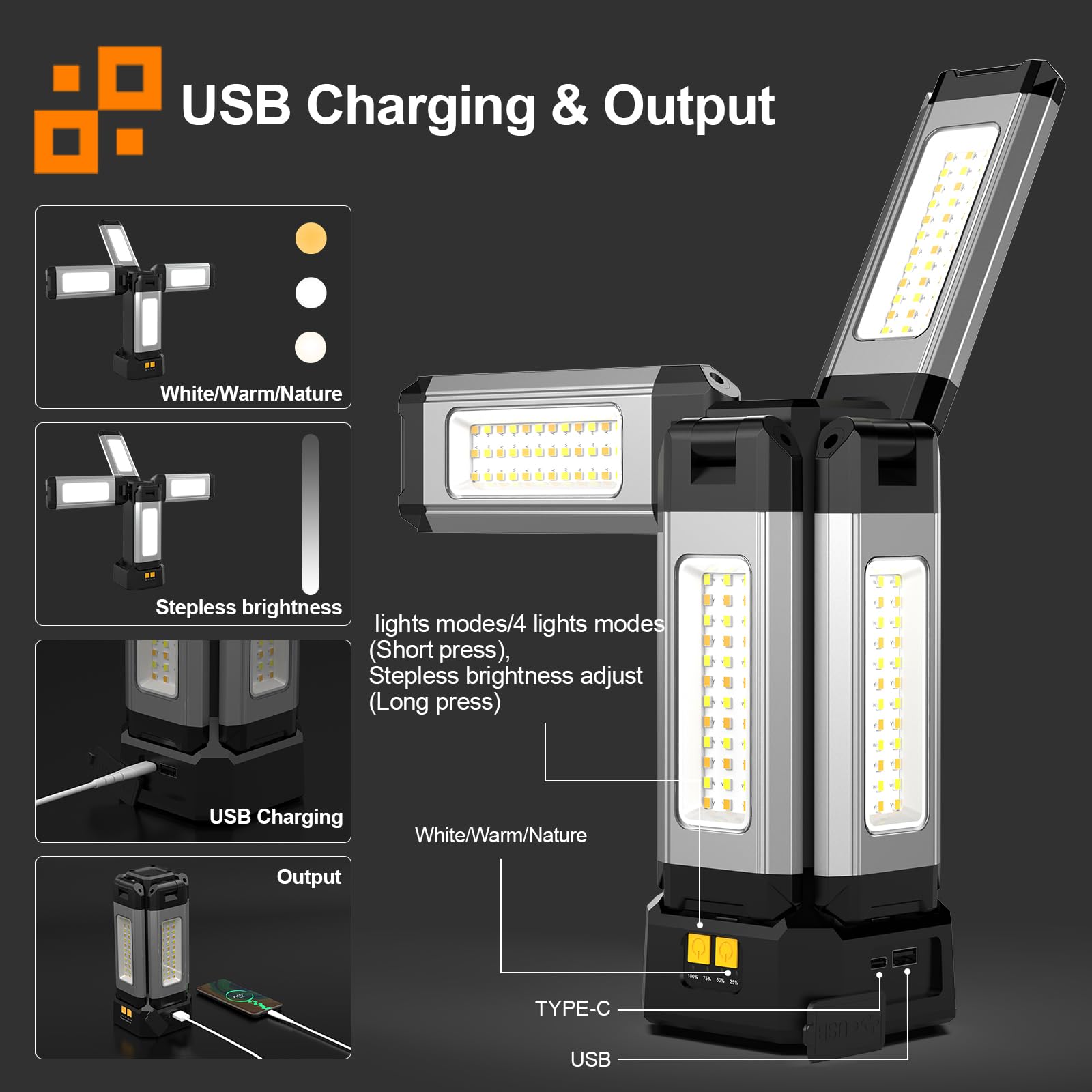 AODOO 13200mAh Rechargeable Work Light, 8000 Lumen, 78in Stand, Carrying Bag, White/Warm/Nature White, Model V3000