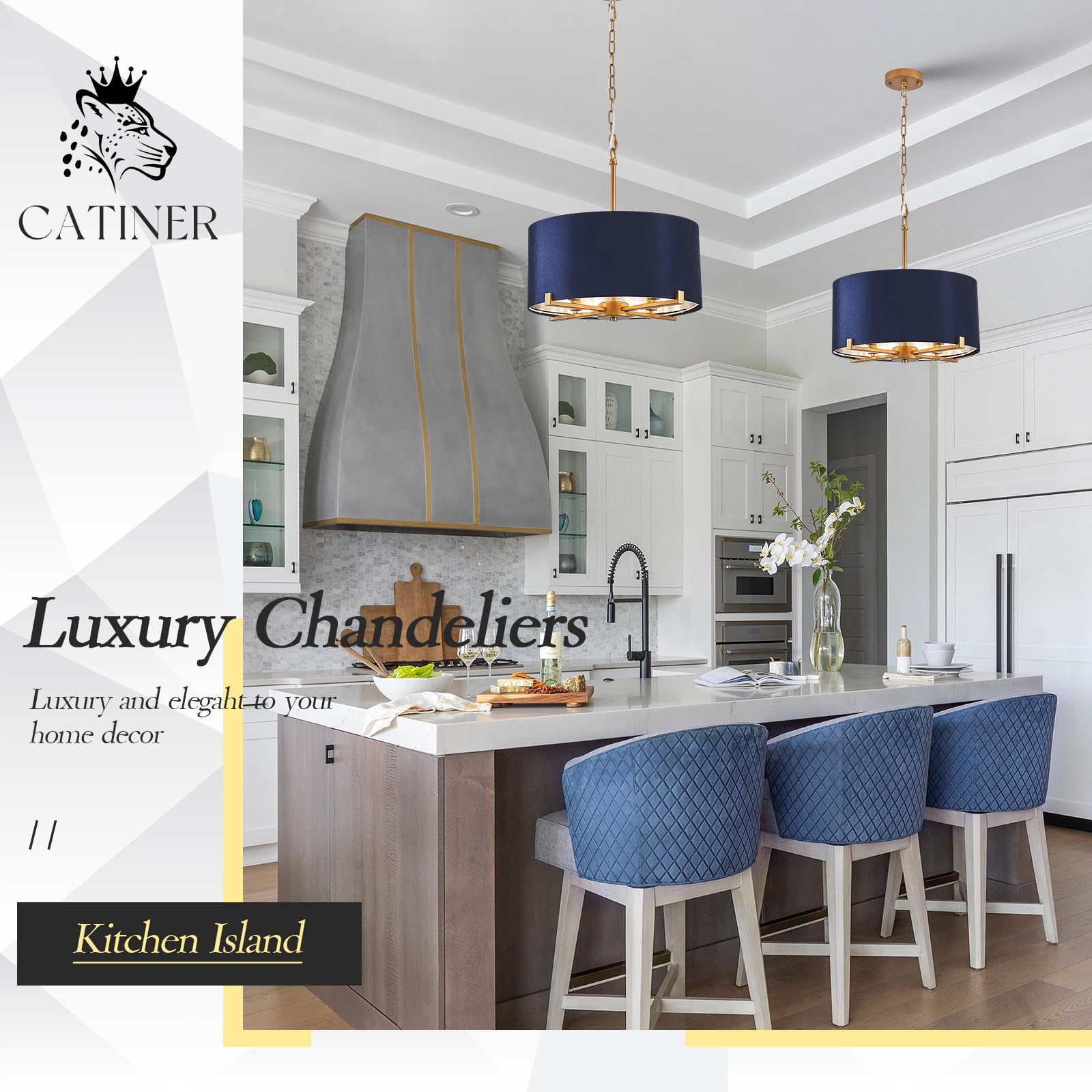 CATINER Drum Chandelier, 18” Blue & Gold Pendant Light, Velvet Fabric Shade, 4 Lights, Modern Semi Flush Mount for Dining Room & Hallway