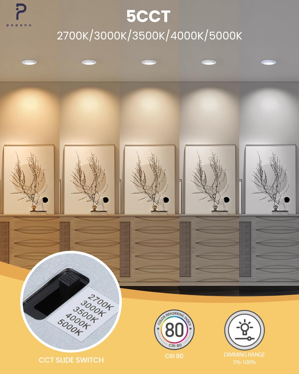 POPANU 4 Inch LED Recessed Light, 9W Gold Gimbal, Dimmable Spotlight, 90° Tilt, 6 Pack, Aluminum
