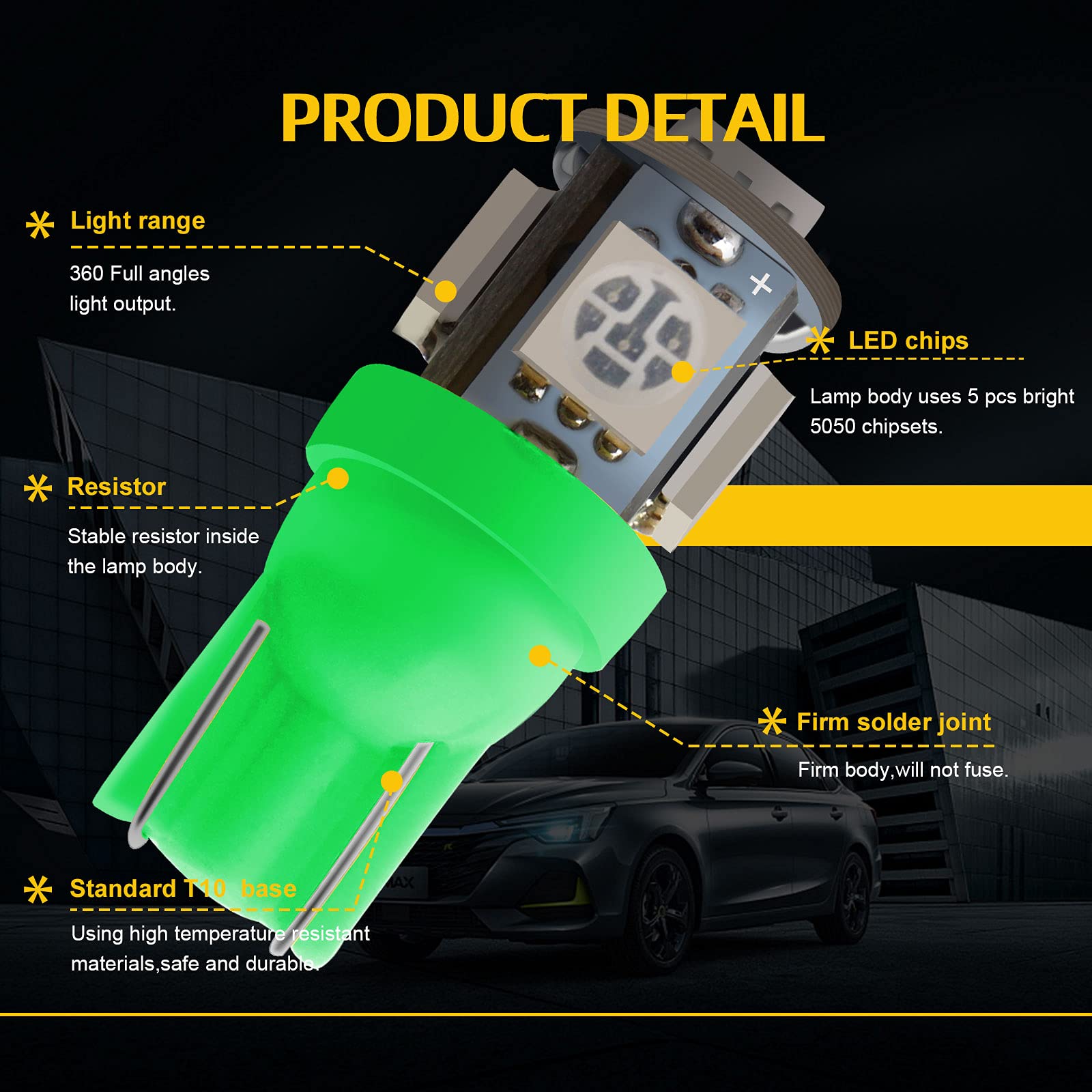 YM E-Bright 20-Pack LED Bulbs for Car Replacement, DC 24V, Green, T10 194 168 2825 W5W, Interior Lights, Dome, Trunk