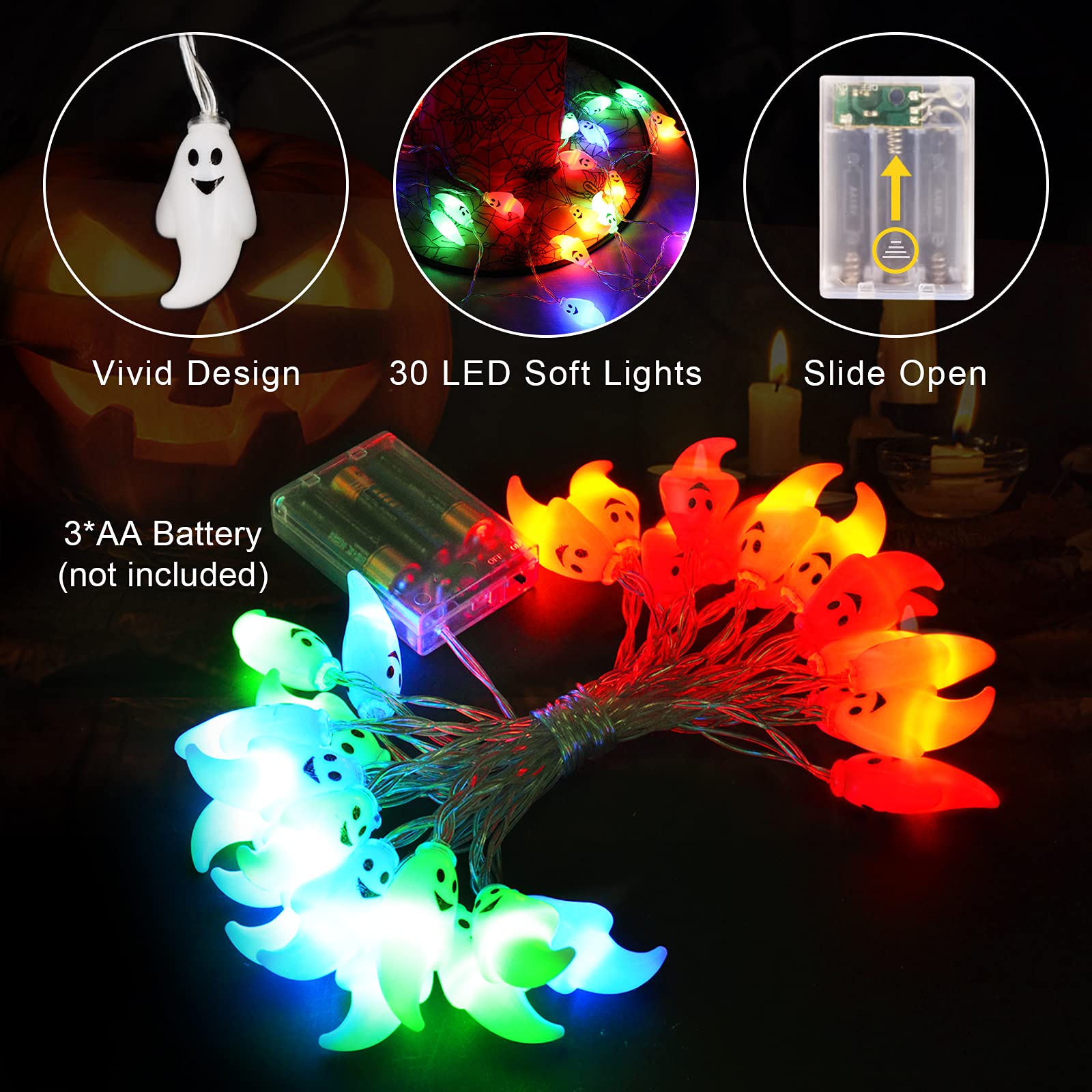 Jmexsuss 30 Led Halloween String Lights, Battery Operated Ghost String Lights, Colorful Indoor Halloween Lights For Outdoor Party Porch Fireplace Halloween Decorations (Multicolor)