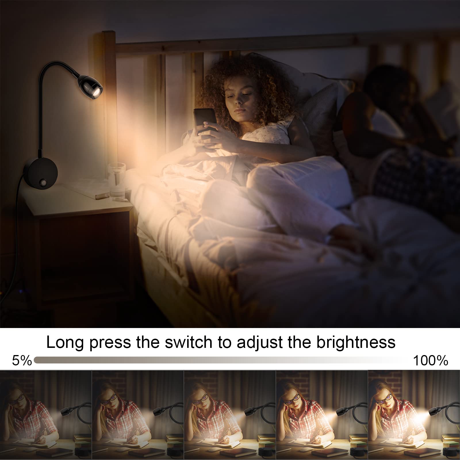ERAY Wall Mounted LED Reading Light, 15in Flexible Gooseneck, Dimmable Warm Light, Touch Control, 2 Pack, Aluminum, Model E271-2