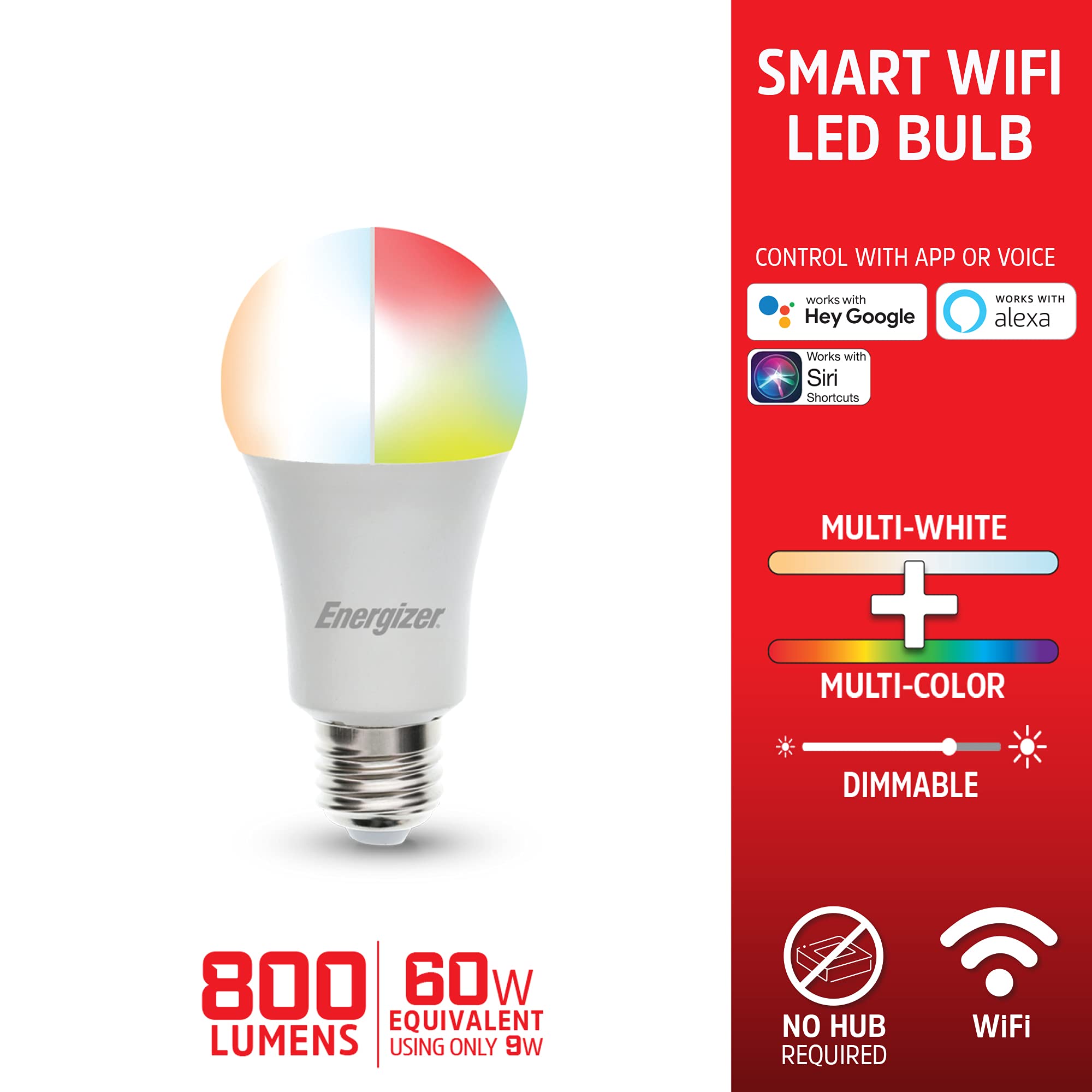 Energizer Smart Wi-Fi Led Light Bulb, Multi-White & Color, 60W, Works With Alexa & Google Assistant