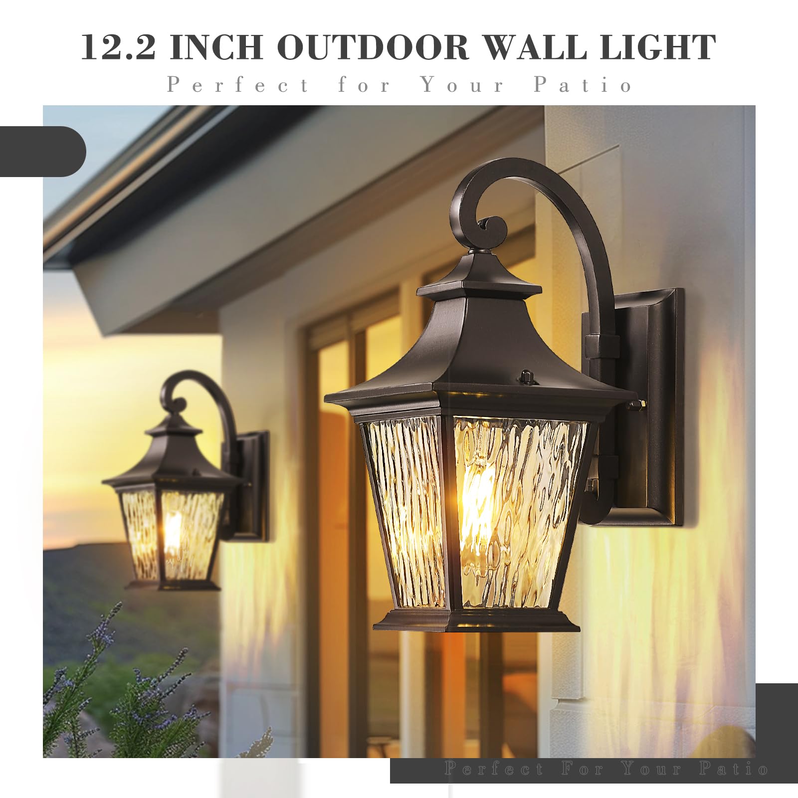 Emliviar 2 Pack Outdoor Wall Lights, Exterior Wall Lantern Sconce For Garage Patio, Oil Rubbed Bronze Finish With Water Ripple G