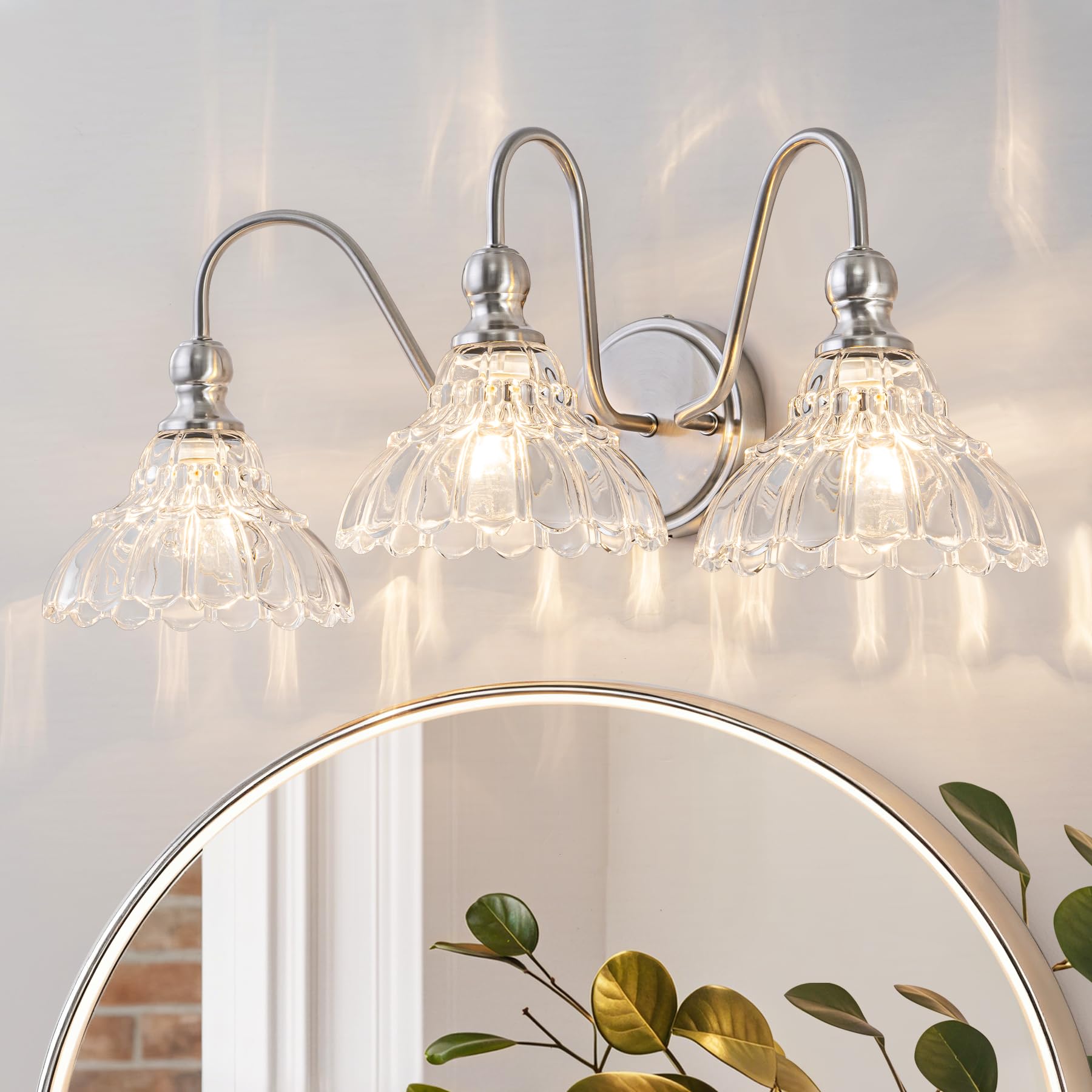 BrkNit 3-Light Vintage Bathroom Wall Sconce - Brushed Nickel with Flower Glass Shade, Farmhouse Vanity Lighting for Living Room, Kitchen, Hallway