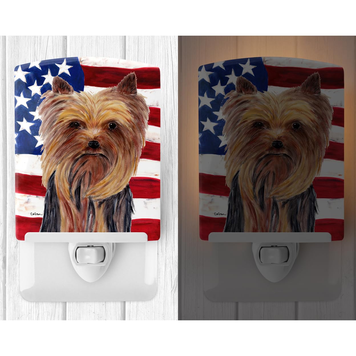 Carolines Treasures Ceramic Night Light, USA Flag with Yorkie, Model SC9013CNL, 6x4x3in, Multicolor