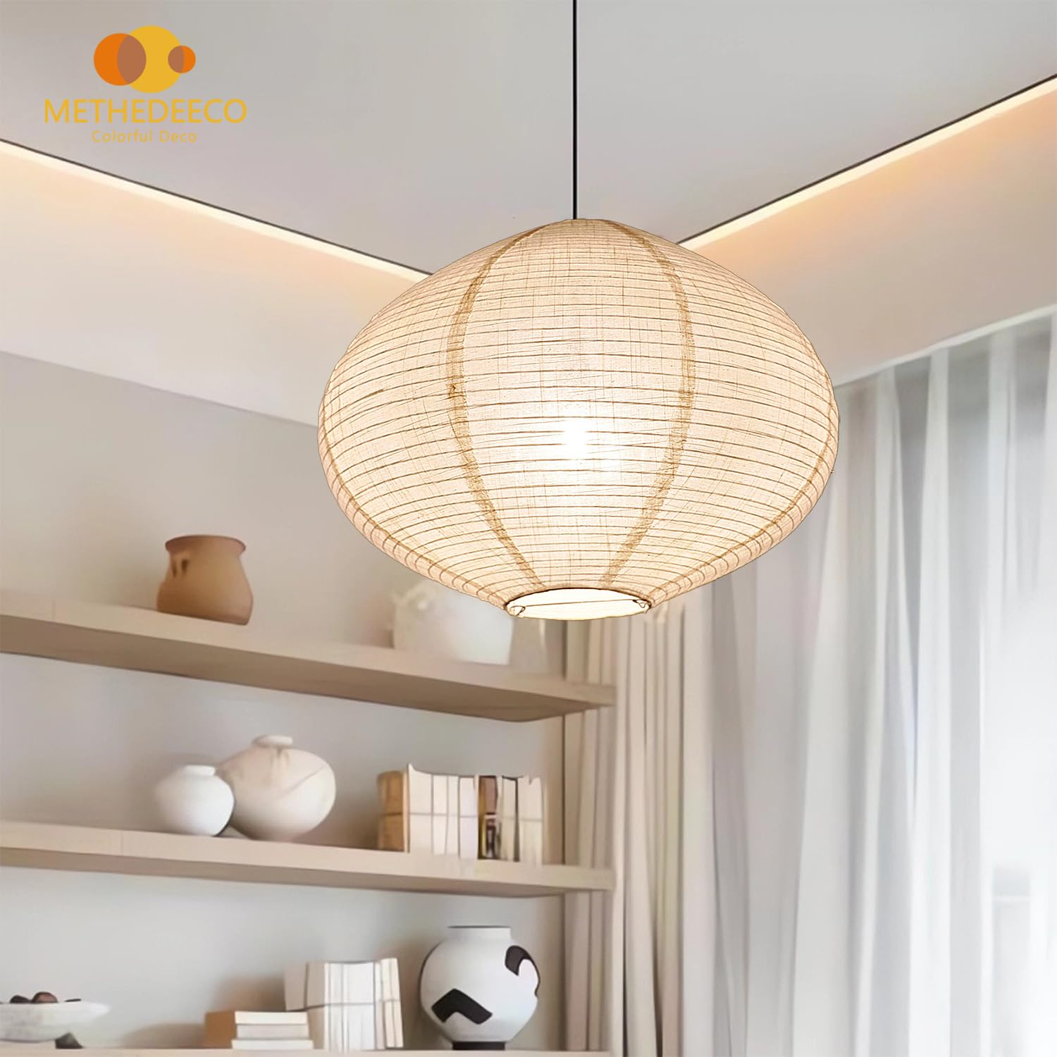 Methedeeco 2Pcs 20Inch Big Diamond Shape Hanging Fabric Lampshade,Paper Lantern,Minimalist Boho White Beige Foldable Linen Pendant Light For Living Room, Dining Room, Bedroom,Showcase Deco And Gift