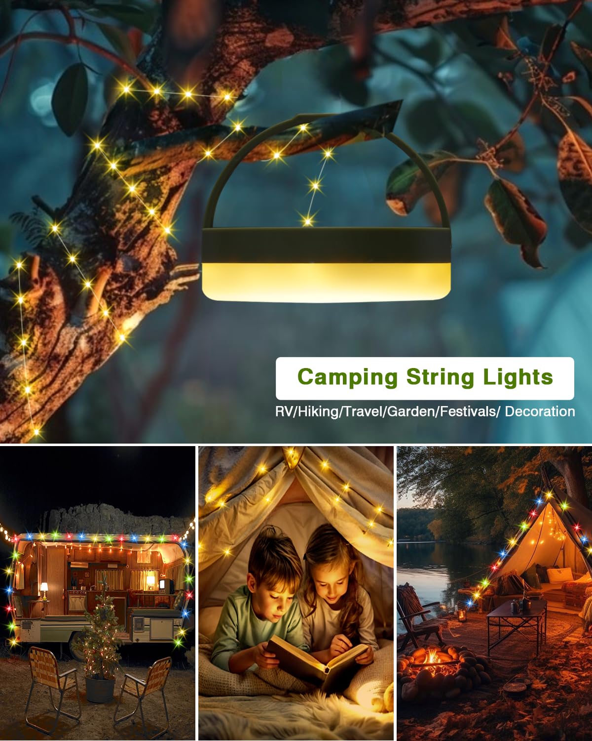 TuoPuLife Camping String Lights, 32.8FT, 130LEDs, Waterproof, Warm White + RGB, Model Campinglight004