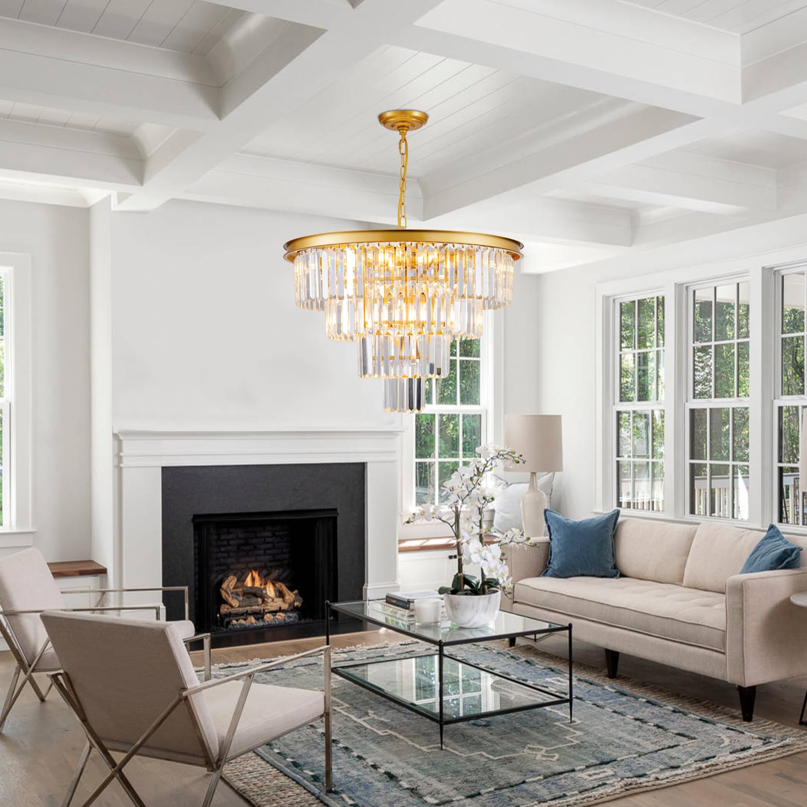 Hccz 10-Light Gold Crystal Chandelier, Round 4-Tier Pendant For Dining Room & Living Spaces