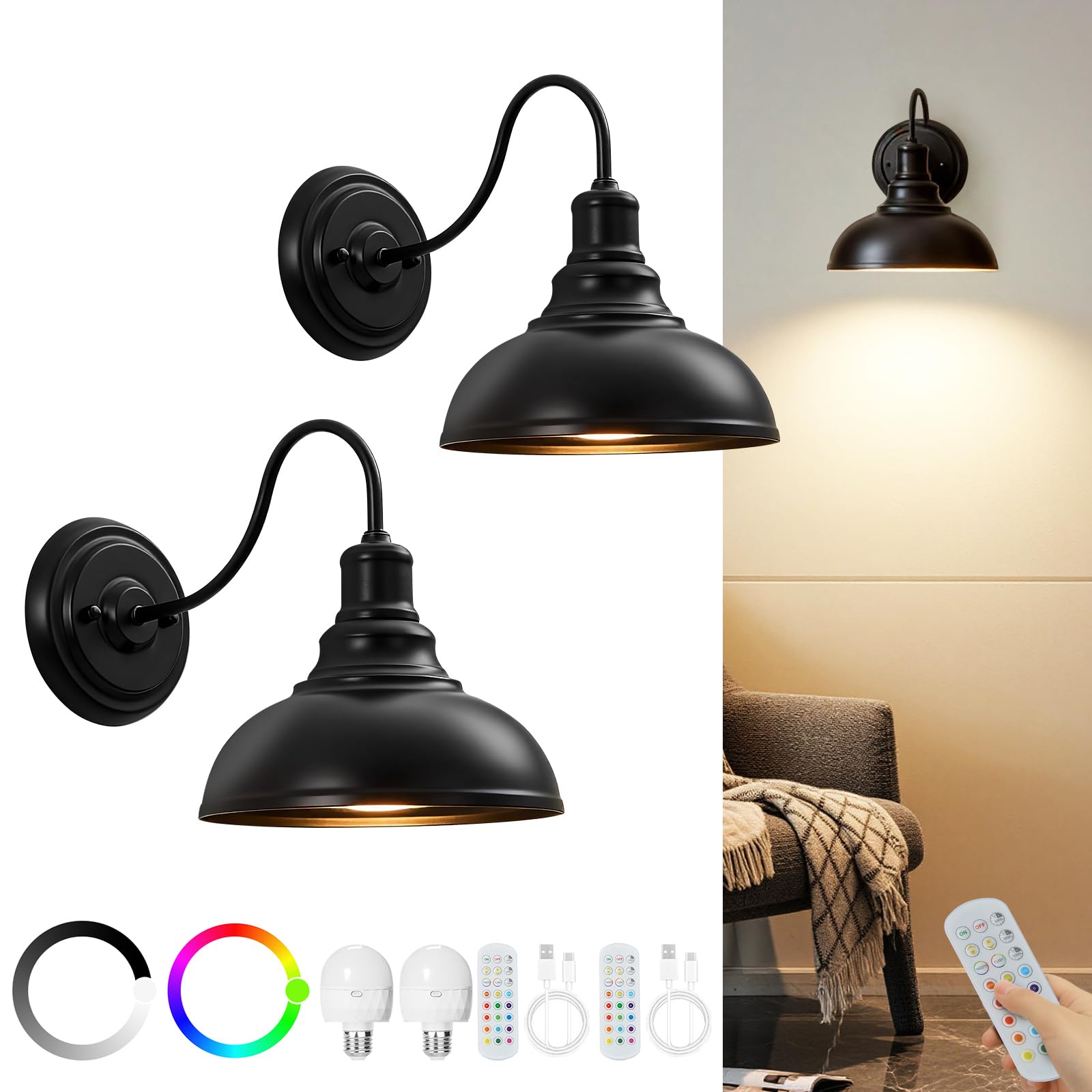 Lightess Black Battery Operated Wall Sconces Set of Two, Vintage Wireless Wall Lights with Rechargeable 12 Colors Bulbs, Dimmabl