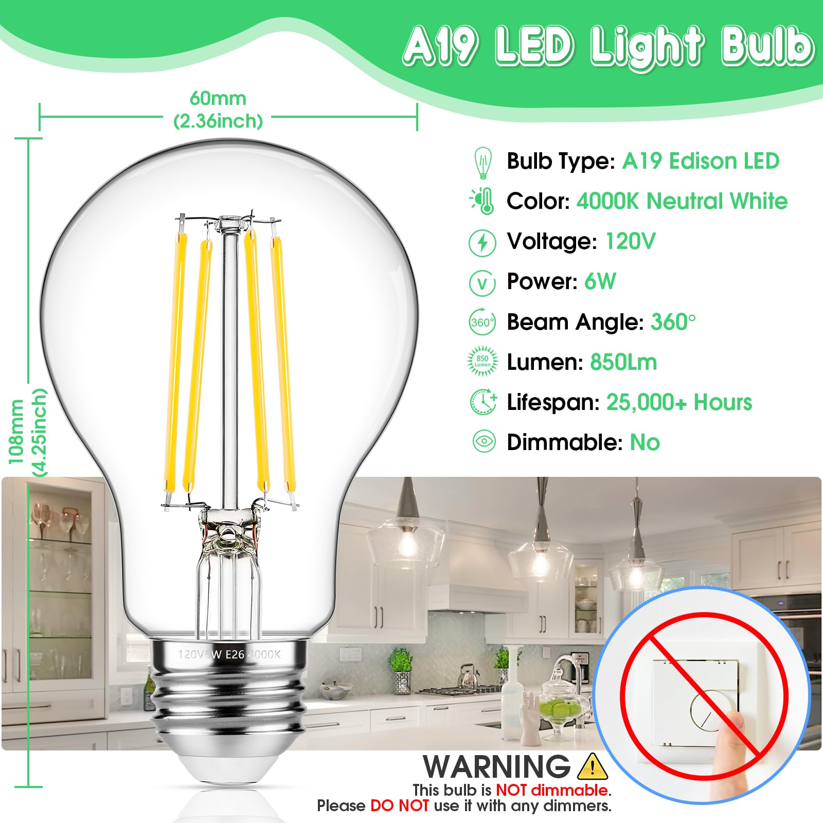 Maxvolador 60W Equivalent E26 Led Filament Light Bulbs, 850Lm Neutral White 4000K Led Edison Bulb, Non-Dimmable 6W A19 Led Bulb Medium Base, 4-Pack