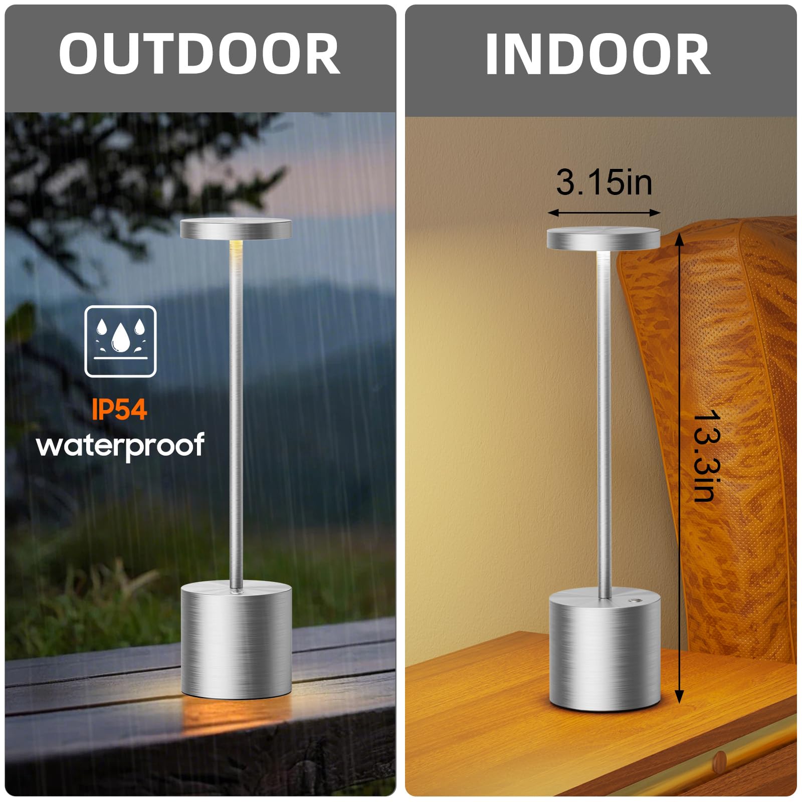 SAKRINGT Cordless Table Lamp, 6000mAh Rechargeable LED Light, Aluminum, Silver, Model S801
