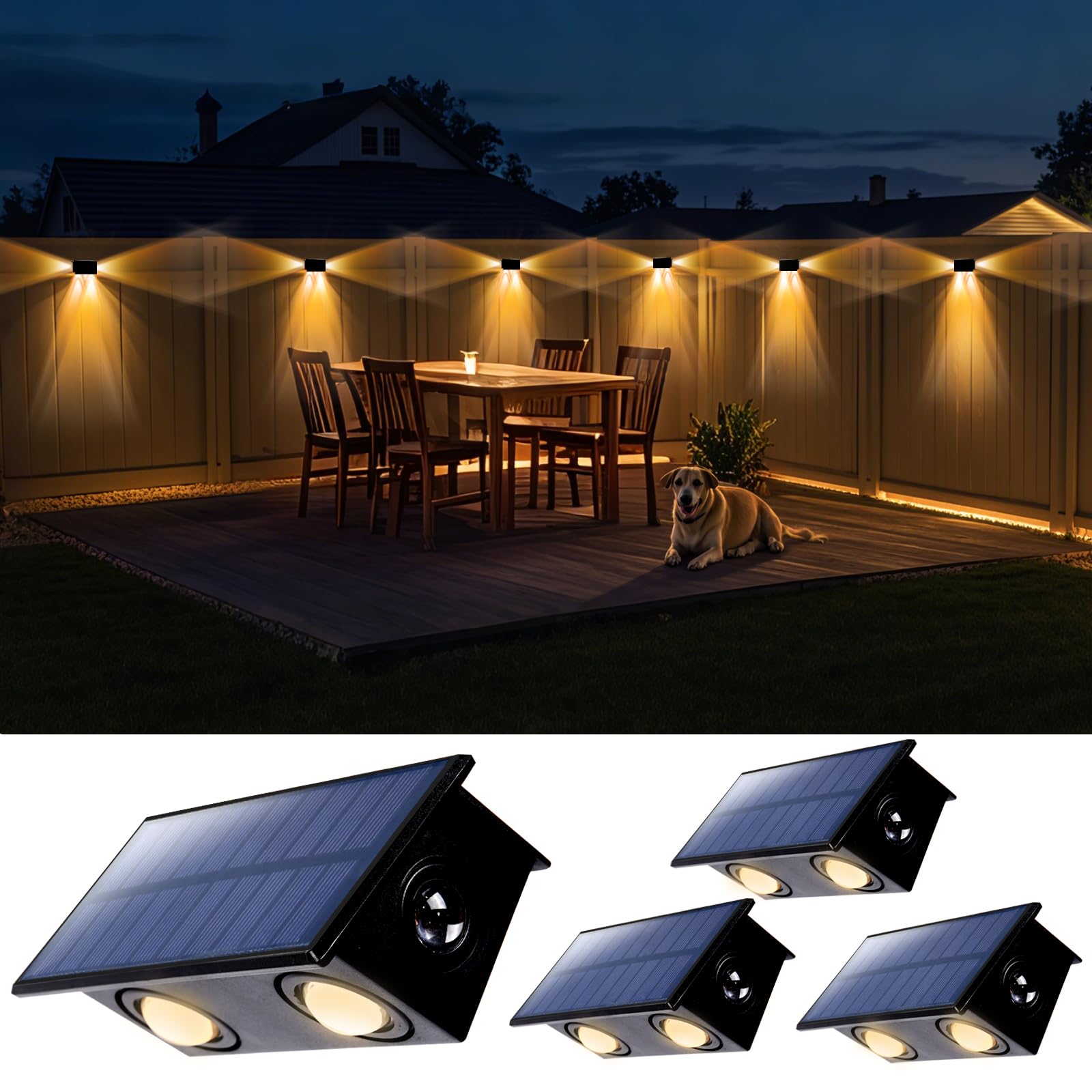 GOMAZBEA Fence Lights Solar Powered Outdoor Waterproof 3 Sided Wall LED Landscaping for Yard  Deck  Patio  Rail  Garage  Pool  Balcony  Energy Efficient Warm White Safety (Warm  3Sides-4Pack Light)