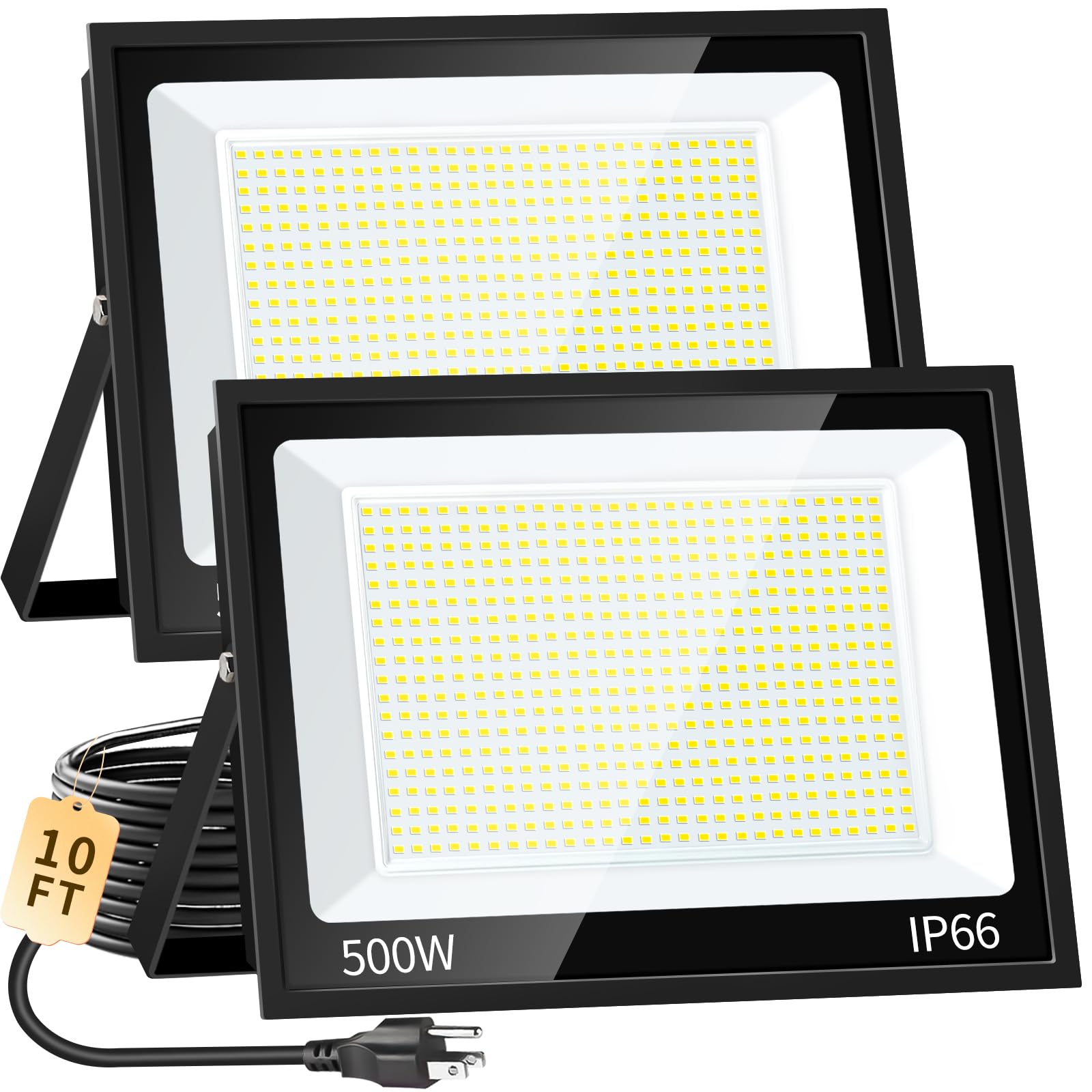 SHGPODA 2 Pack 500W LED Flood Light, 60000LM Brighter Lights with US Plug + 10ft Cord, IP66 Waterproof Outdoor Lights, 5000K Whi
