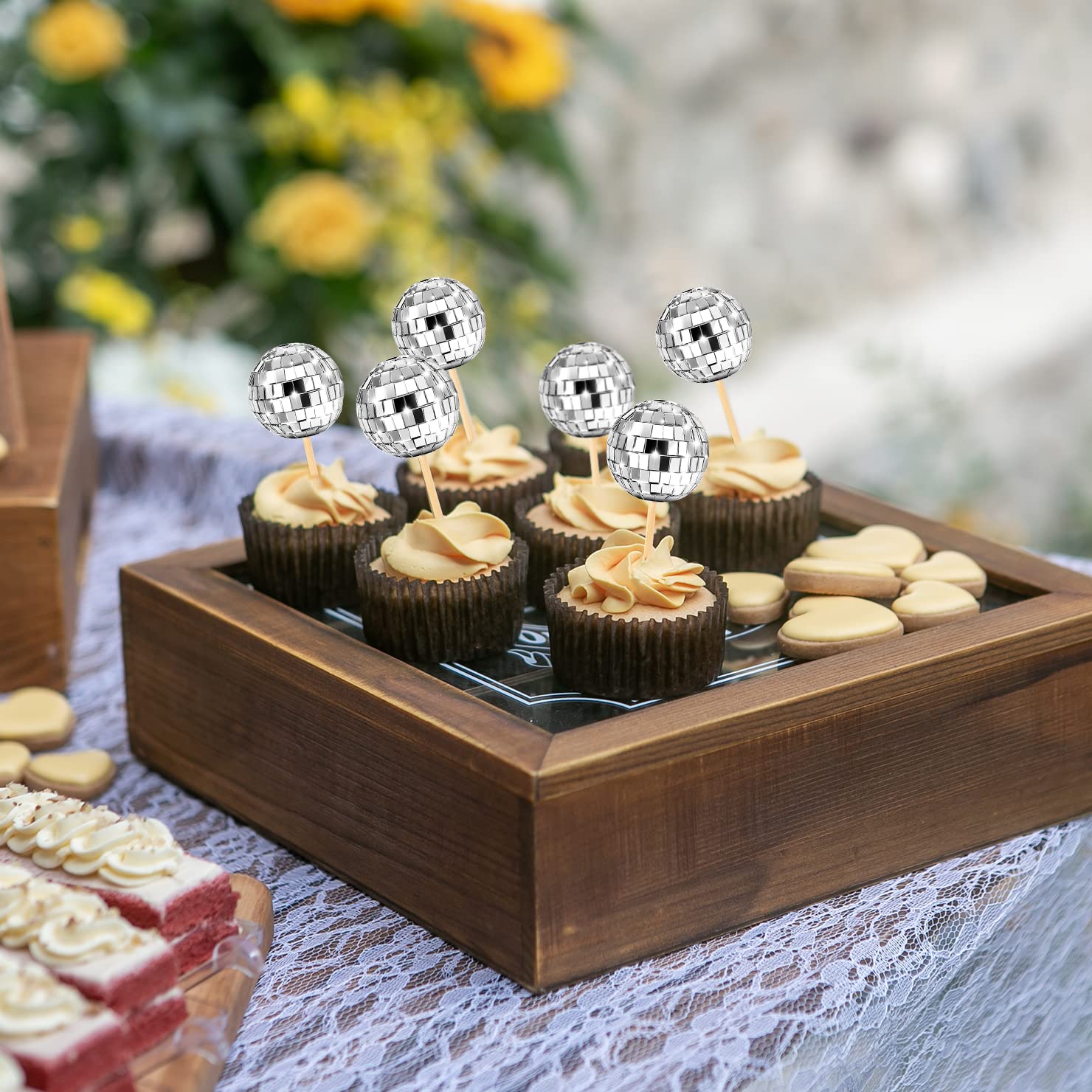 24 Pcs Disco Ball Cupcake Toppers, Disco Ball Cupcake Picks, Disco Ball Cake Toppers Disco Theme Cake Decorations for Disco Them