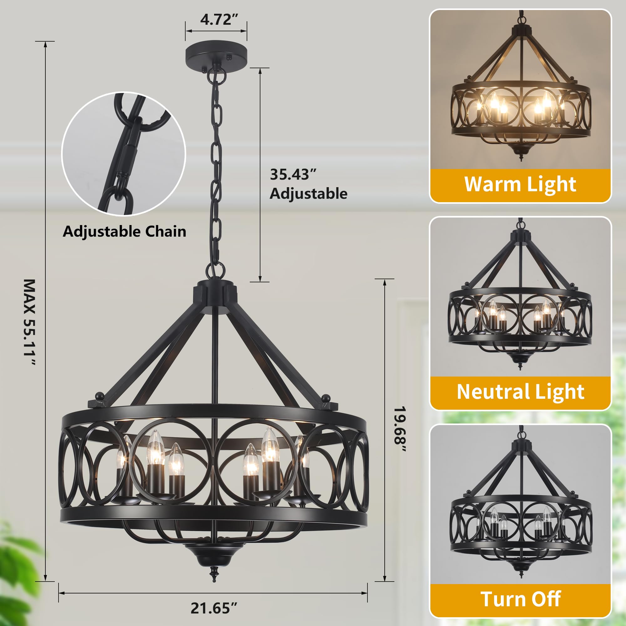 Black Chandeliers Dining Room Light Fixtures Farmhouse Rustic Industrial 6-Light Pendant Light Kitchen Island For Foyer Entryway