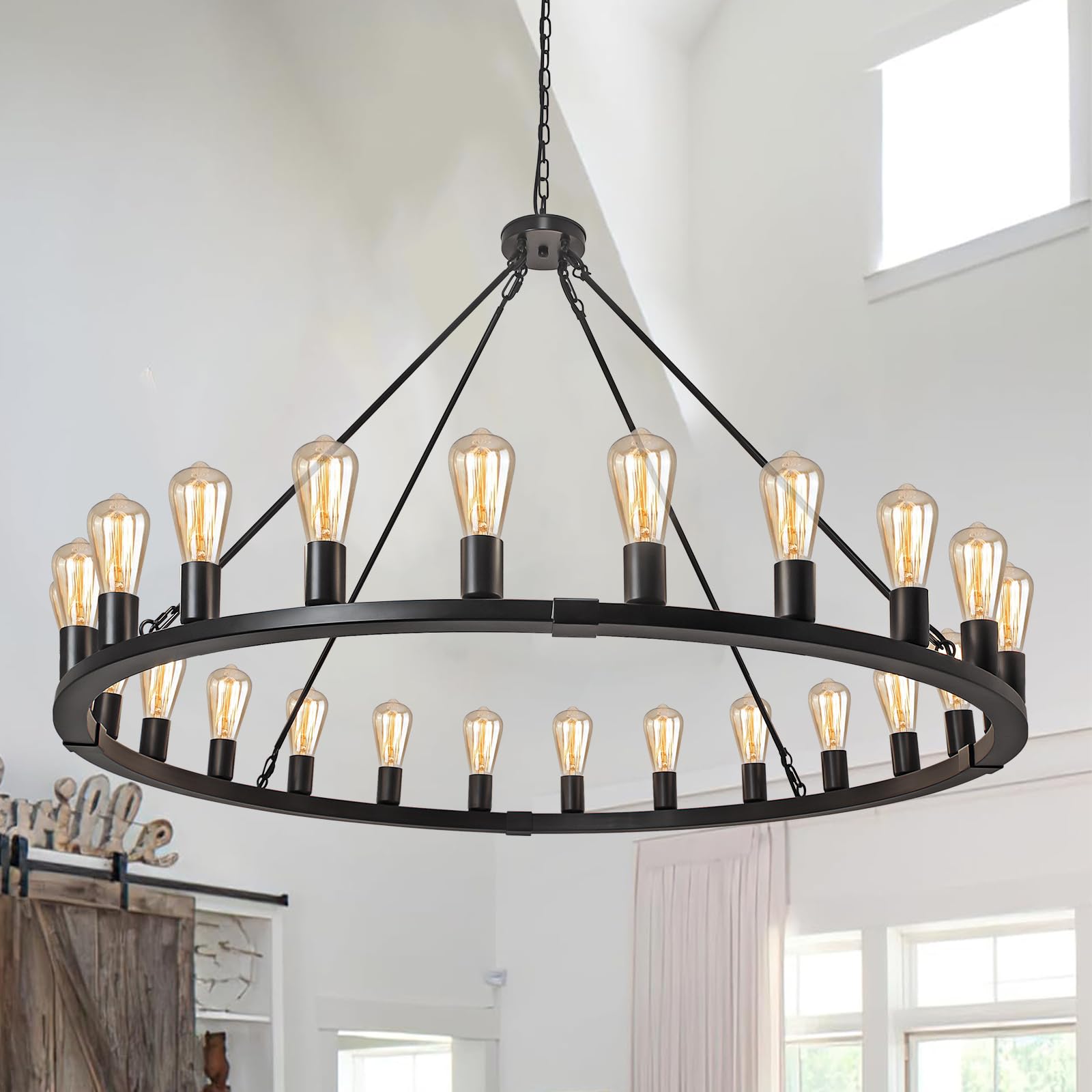 Rviezza Wagon Wheel Chandelier 24-Light 48-Inch, Black Round Rustic Farmhouse Chandelier Extra Large for High Ceilings, Dining R
