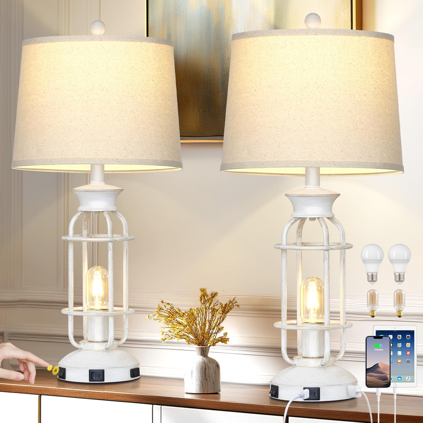 28 Vintage Table Lamps with USB C+A Ports & Outlet, Industrial Farmhouse Table Lamp for Living Room, Rustic Mid Century Modern B