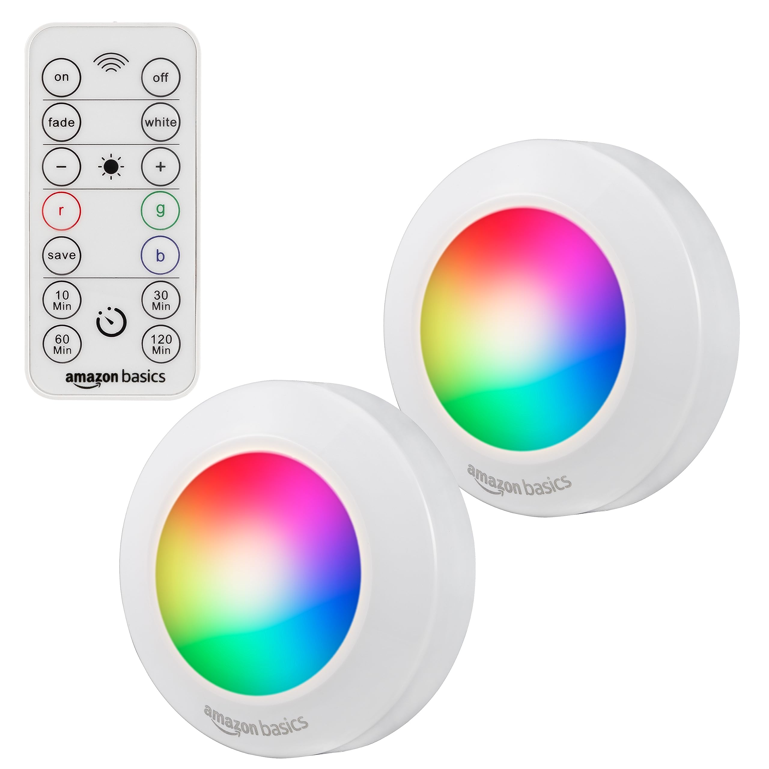 Amazon Basics LED Puck Lights, Color Changing, Battery Operated, IR Remote, 40 Lumens, 2 Pack, Wireless Stick on Lights, Under C