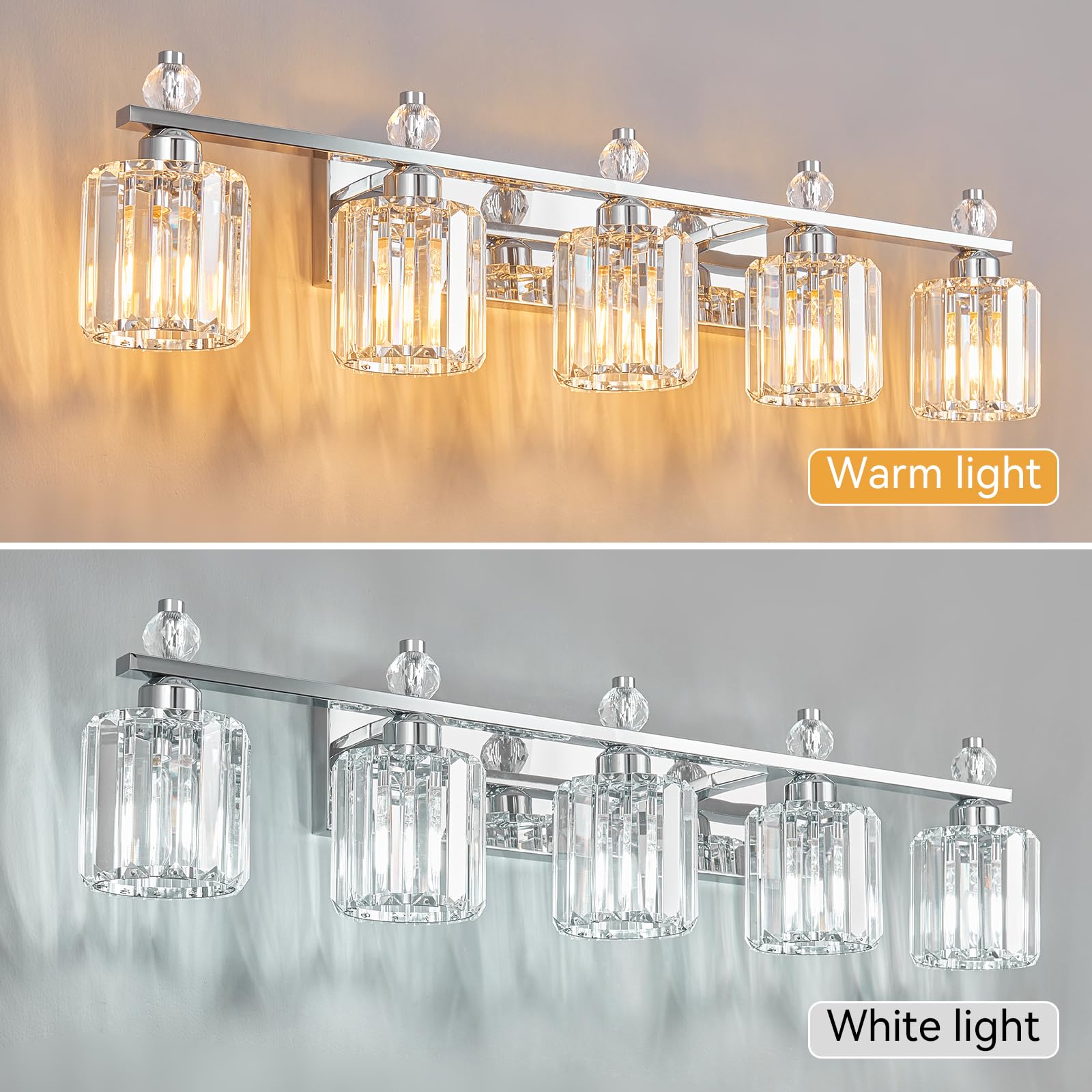 FDPBY 5-Light Bathroom Vanity Lights, Chrome Modern Crystal Fixtures, Model 291