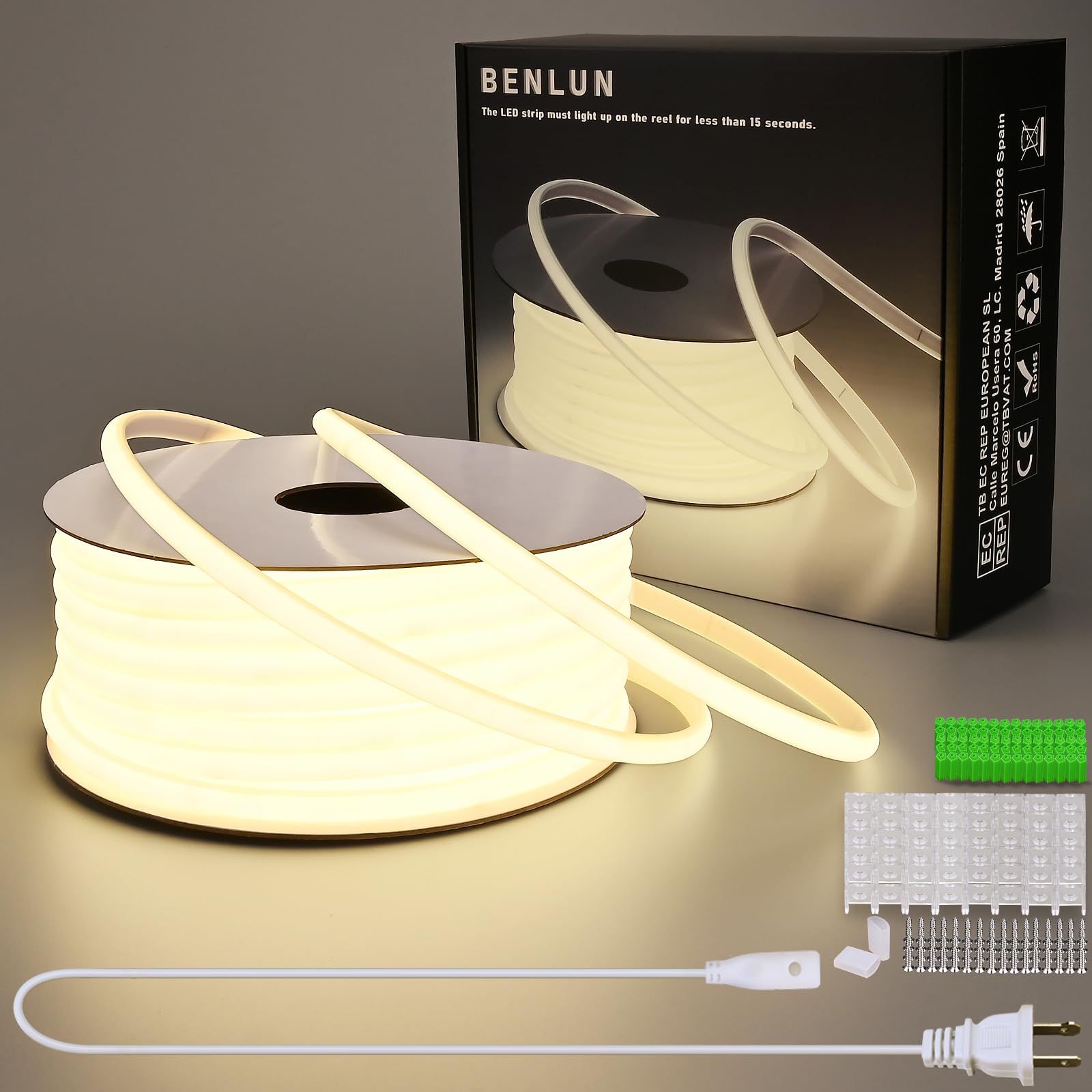 BENLUN AC 110V COB LED Band Lights 98.4ft  4000K Natural White LED Rope Light Outdoor Waterproof  10W/M CRI 90+ Flexible Cuttable  for Bedroom  Living Room  Garden  Commercial  House