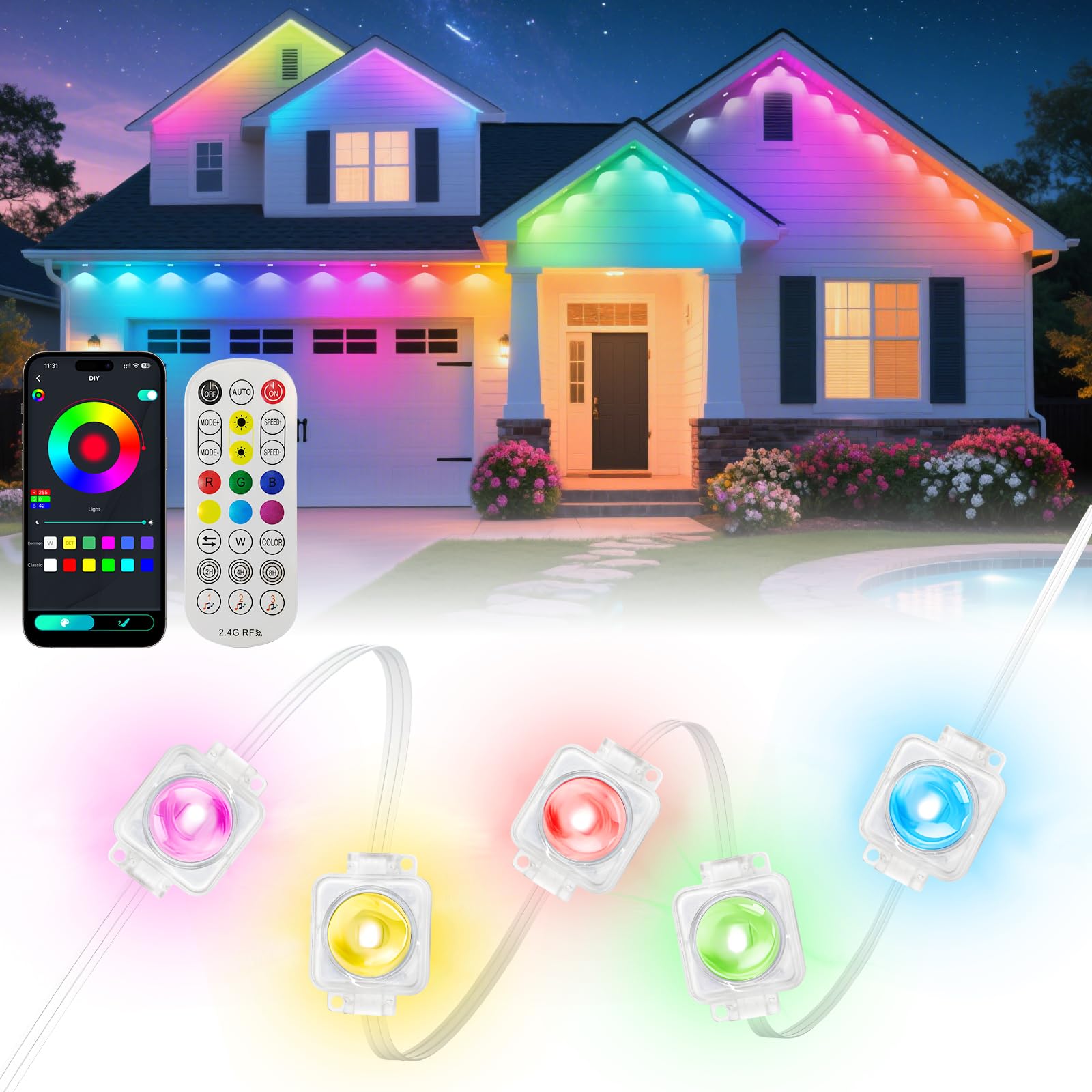 Super Rgb Permanent Outdoor Lights 200Ft, Smart Rgb+Ic Eave Lights With Remote App Control, Diy Led Color Individual, White & Co