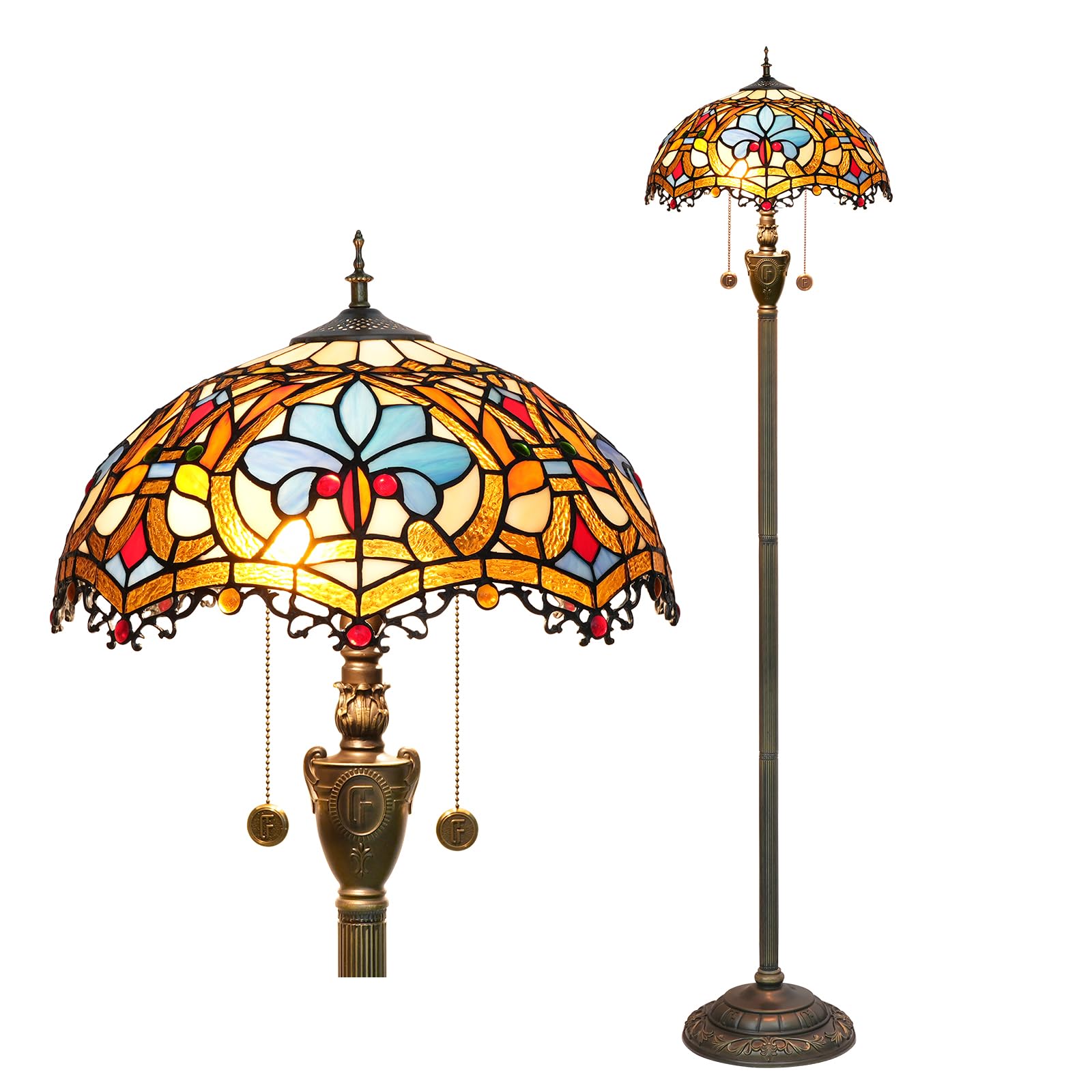 Blivuself Tiffany Floor Lamp Stained Glass Floor Light Bright Lighting Rustic Standing Lamp Vintage Unique Bronze Reading Corner Lamp for Home Decor Living Room Bedroom 16X16X64 Inches