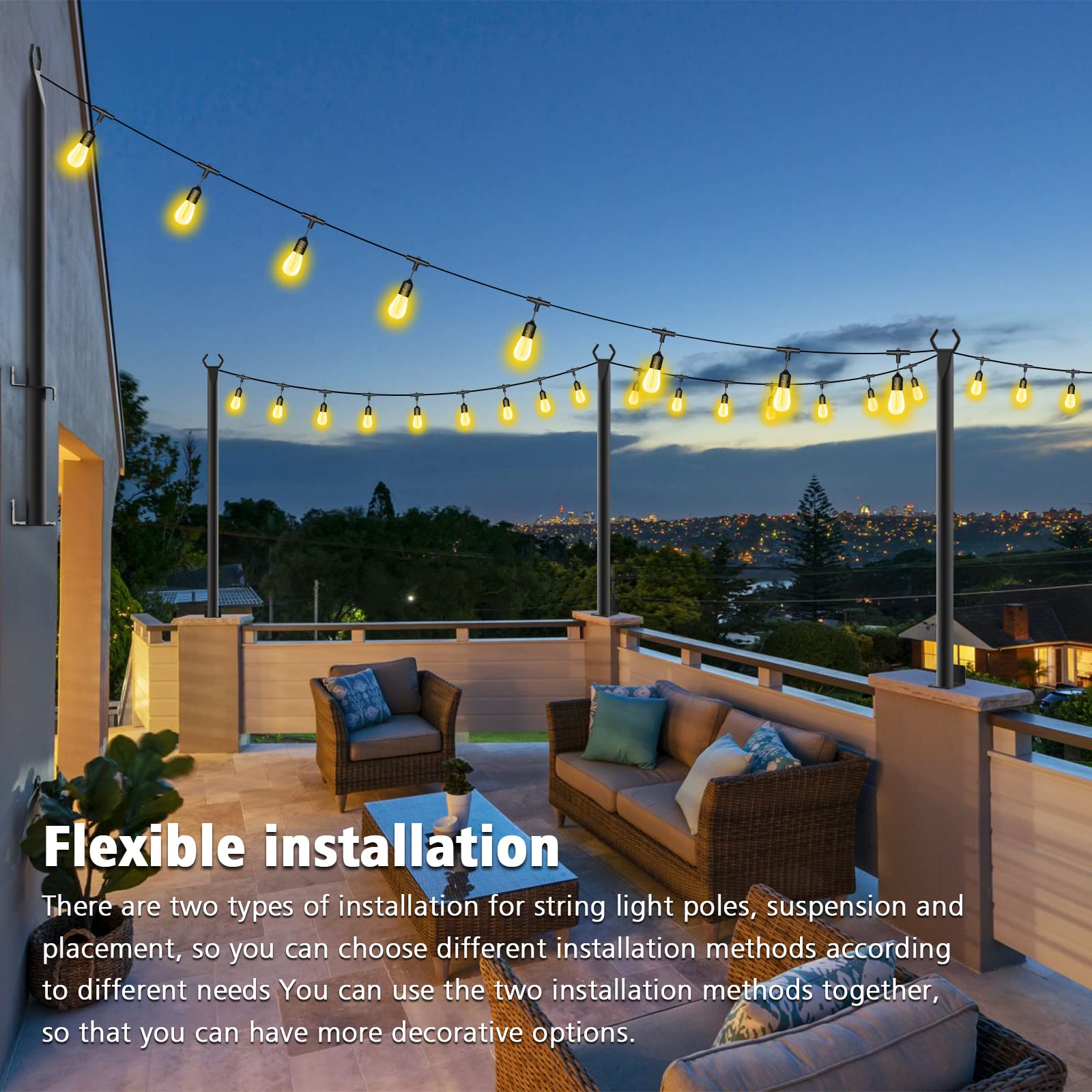 Beizelte 5FT Metal String Light Poles, 2 Pack, Black, SLP-Beizelte for Outdoor Deck, Fence, Wall