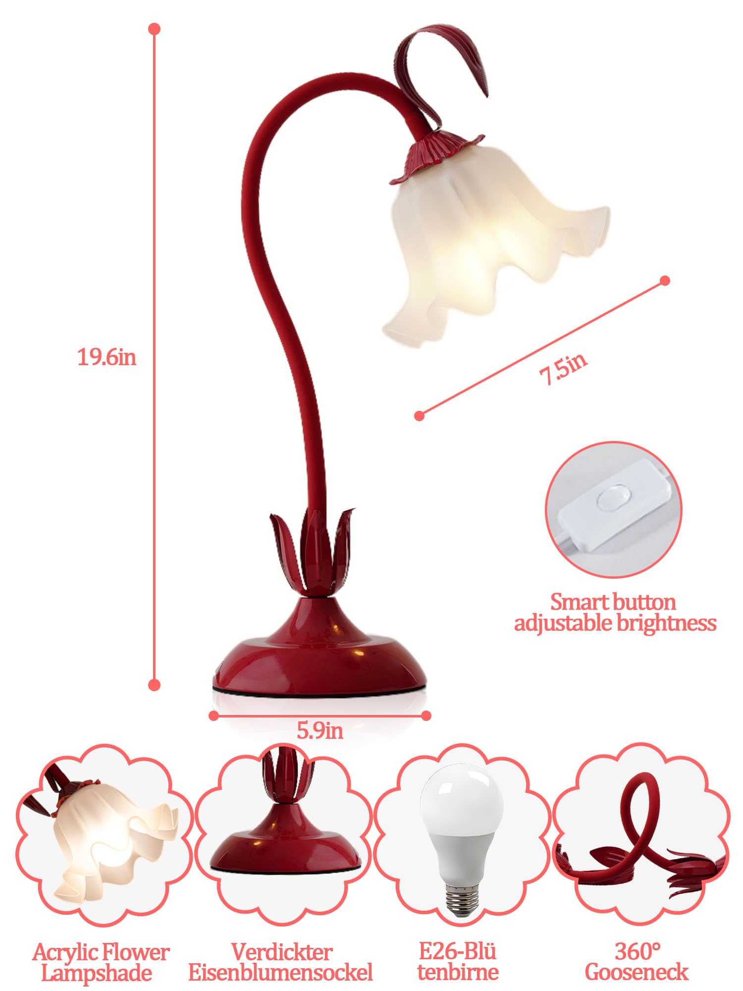 Aqdzcnf Flower Table Lamp,Led Reading Light Bedside Vintage Flower Night Light,3 Colors Modes Kawaii Bedside Lamps Decor,Living