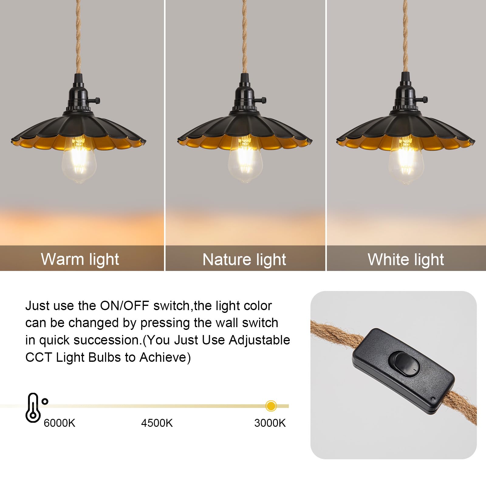 Alaislyc 3-Light Plug In Pendant Light Fixtures Chandelier With Switch 22Ft Industrial Ceiling Hanging Lamp Cord Farmhouse Cable