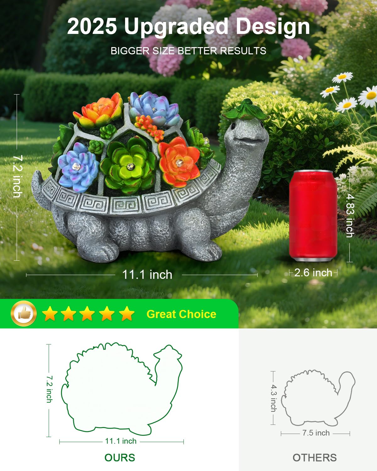 VMANYFIRE Solar Turtle Statues - 11.1 Inch Gray Resin Garden Decor Lights for Outdoor Yard, Lawn, Patio & Porch