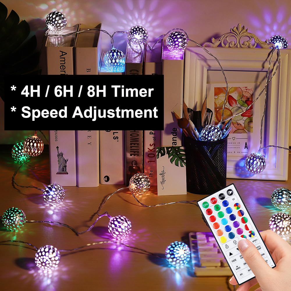 Omika 24 Colors Changing Globe String Lights For Diwali Decor, 13Ft 40 Silver Metal Balls Led Fairy Lights With Remote Timer Moroccan Orb Decorative Diwali Lights For Room Party Christmas Boho Décor