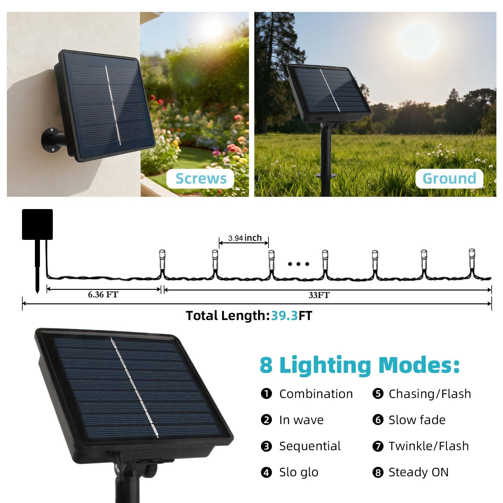 Tcamp 33Ft 100Led Solar Christmas Lights Outdoor Waterproof  Solar Outdoor String Lights With 8 Lighting Modes Memory Function For Xmas Tree Wedding Party Garden Decorations (Warm White)