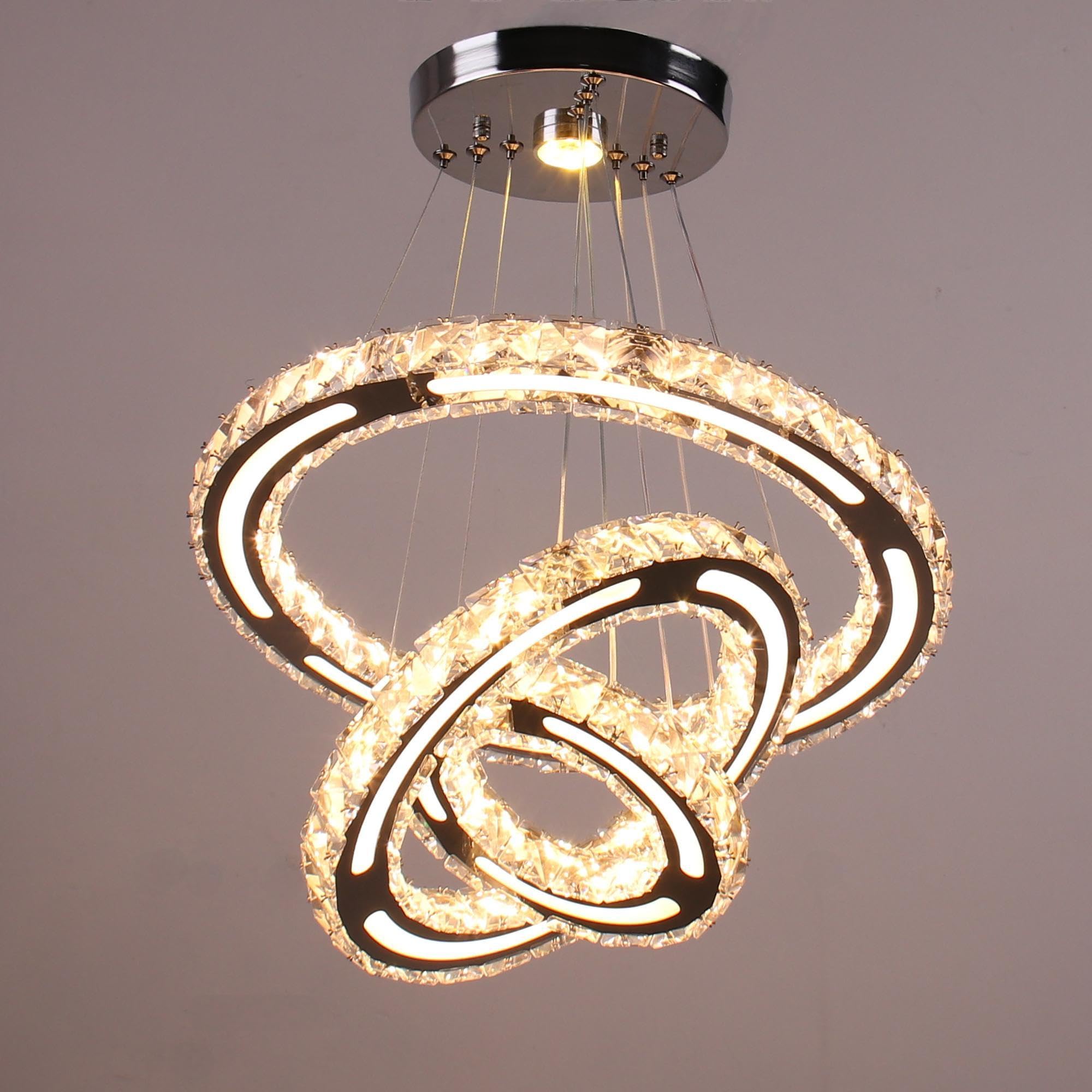 CXGLEAMING Modern Crystal Chandelier LED Pendant Light Fixture, Dimmable, 3 Rings, 180mm Base, 153 Crystals, Model CX-MP038-234-KB