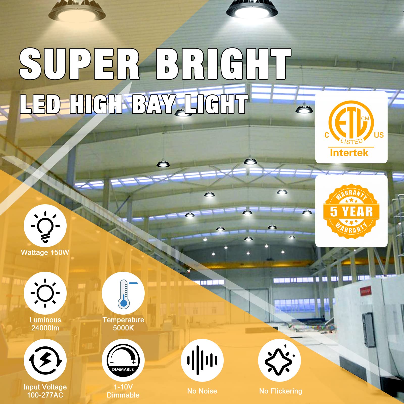 Jc-Lgl Ufo Led High Bay Light Super Bright 150W 24,000Lm (160Lm/W) 1-10V Dimmable, 5' Cable With Plug, Hanging Hook, Safe Rope, High Bay Led Light For Factory Warehouse Workshop