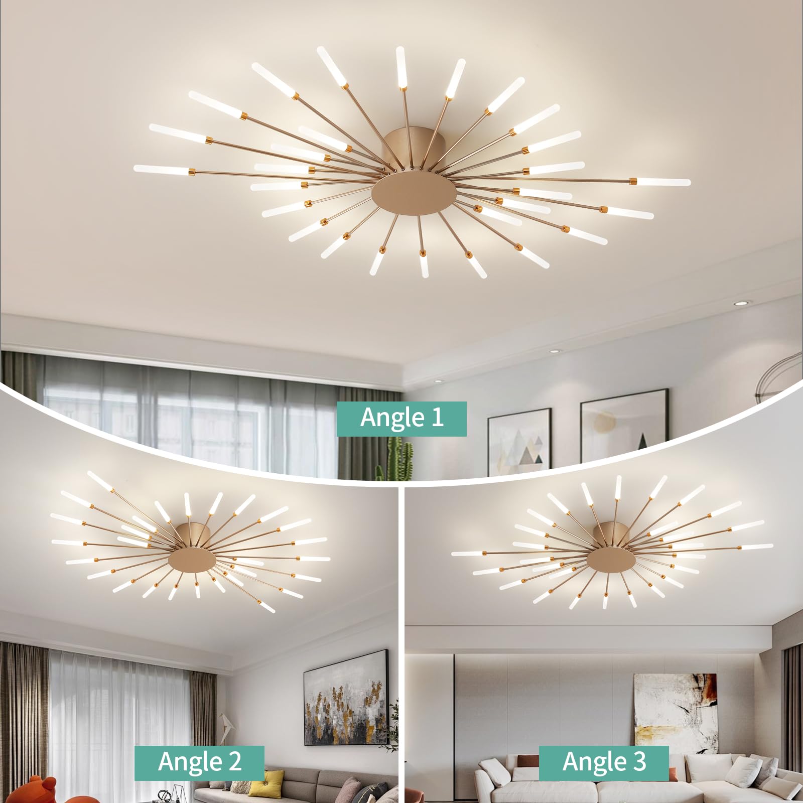 Ziidoo Modern Ceiling Light  28 Lights Metal Firework Designed Chic Led Lighting Fixture For Farmhouse Kitchen Dining Room Bedroom Hallway Living Room (Gold And Dark Gold)