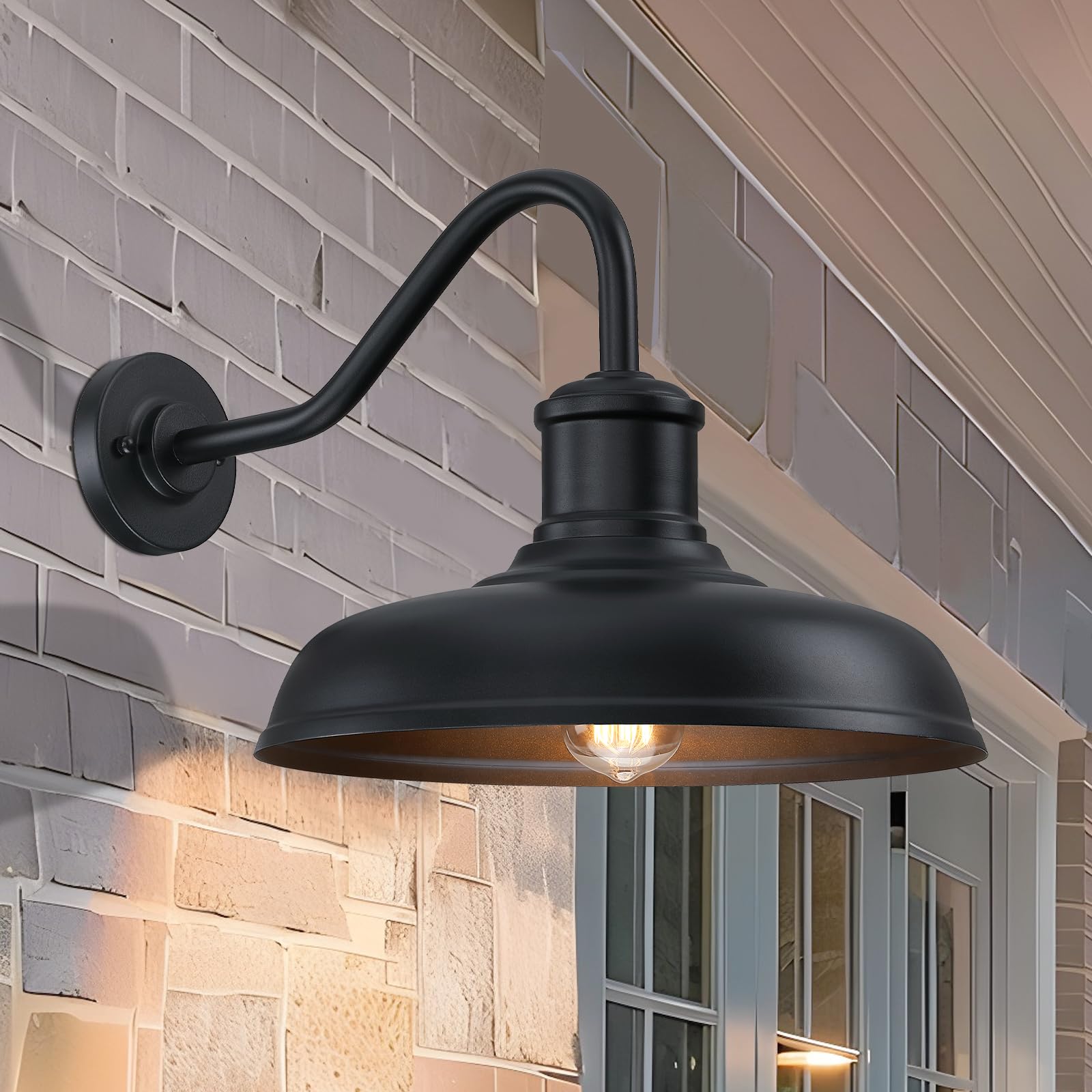 13.8 Diameter Large Outdoor Gooseneck Barn Light 2 Packs  Outdoor Wall Sconce Farmhouse Exterior Light Wall Lighting Fixture Industrial Outside Lantern For Porch  Patio  Garage  Black (No Sensor)
