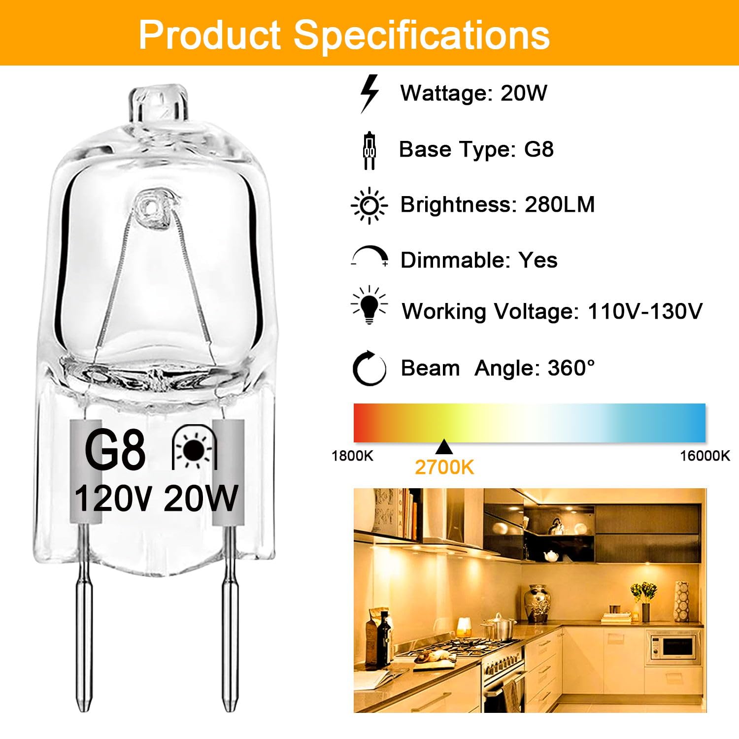 G8 Halogen Bulb 20W 120V T4 Jcd Type G8 Base Bi-Pin Xenon Light Bulbs, Dimmable With Long Lasting Lifespan, G8 Halogen Light Bul