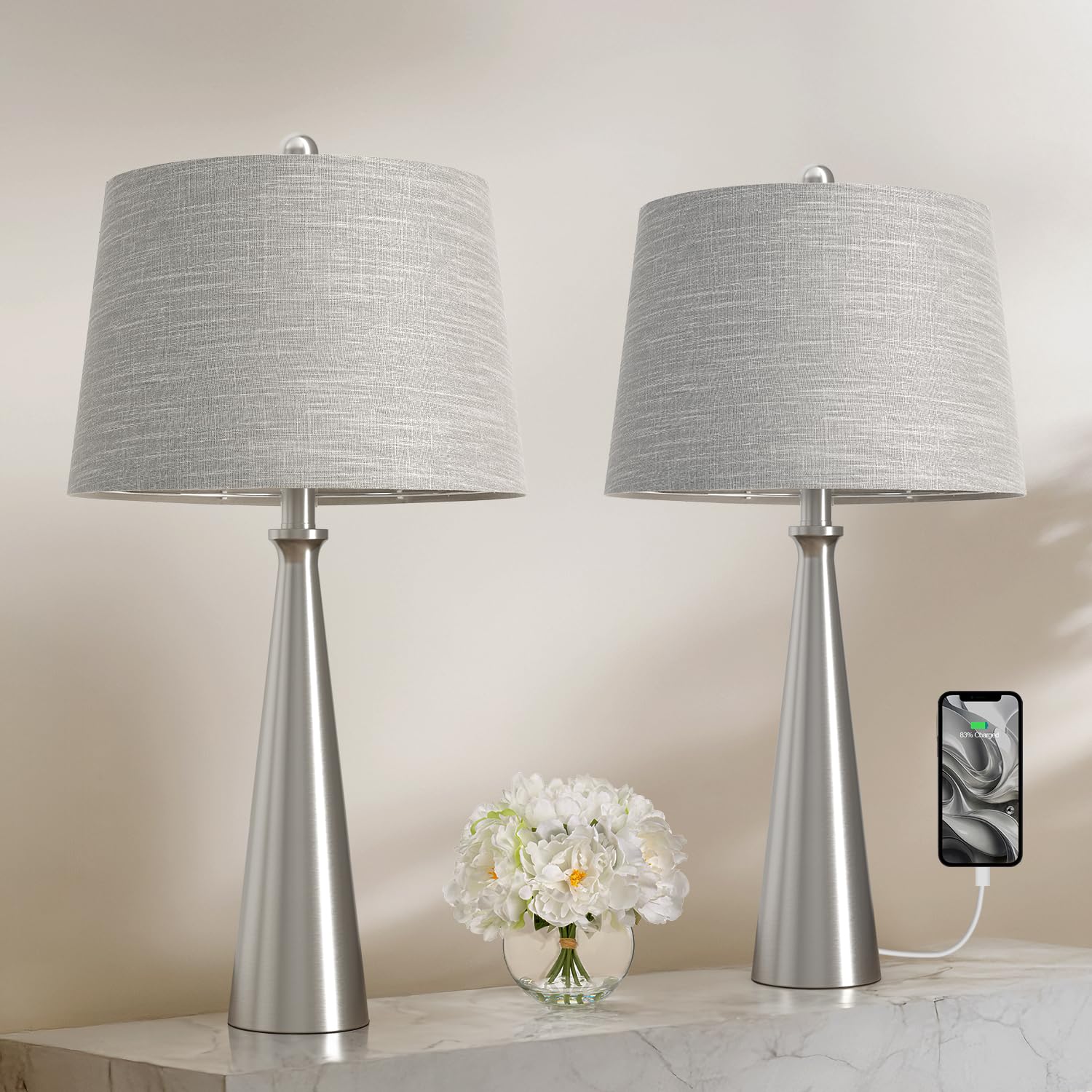 Oneach 25.75'' Modern Table Lamp Set Of 2, Bedside Lamps With Usb Ports, Silver Nightstand Lamps Set For Living Room Bedroom Hou