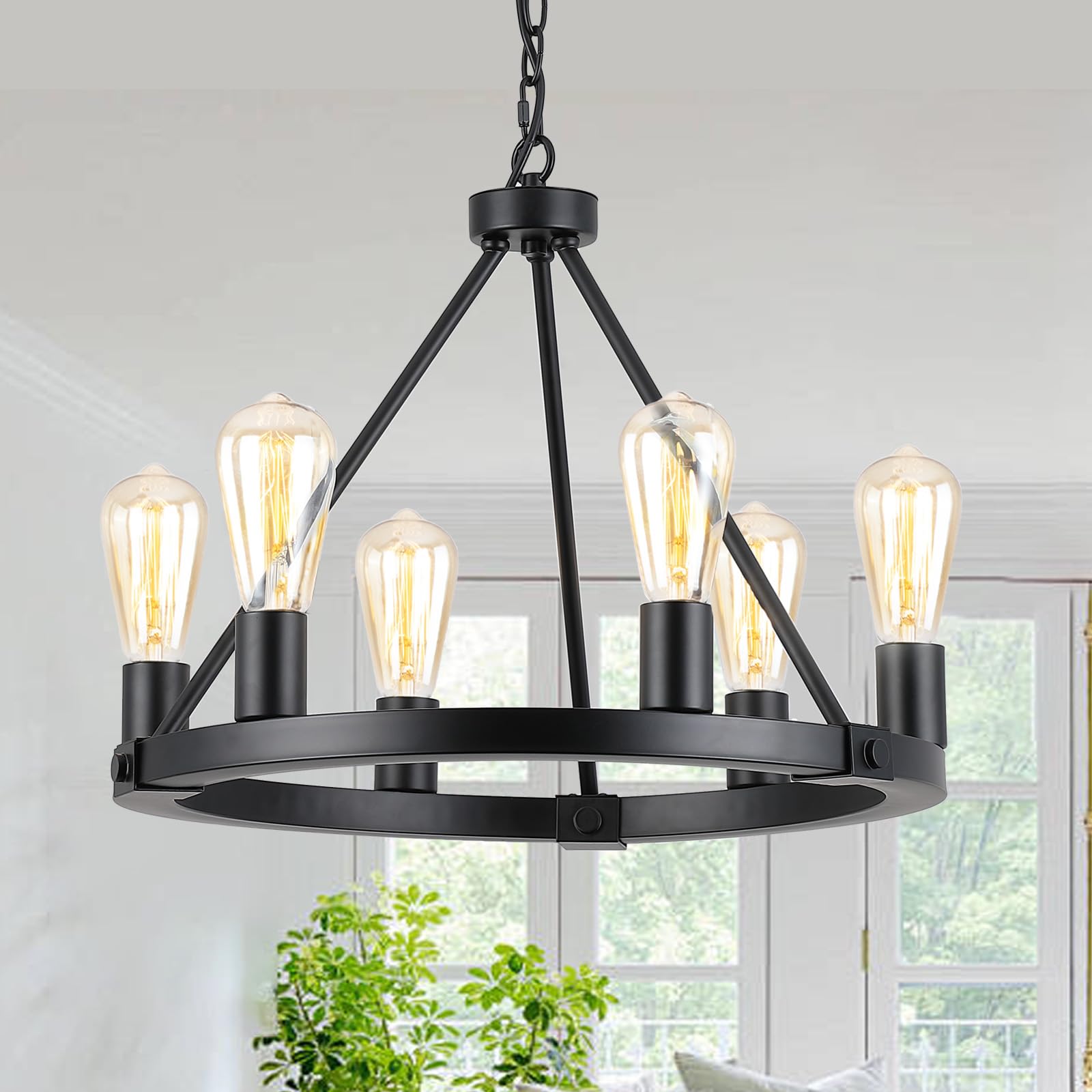 9MMML 6-Light Black Wagon Wheel Chandelier, Industrial Metal Pendant Light for Living Room, Bedroom, Entryway, Model 8003