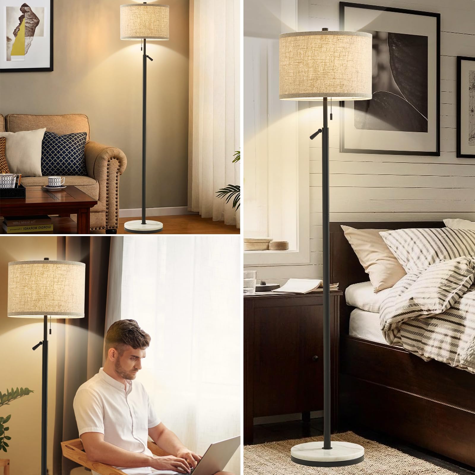 GyroVu Adjustable Height Marble Floor Lamp, Black, Pull Chain Switch, for Living Room & Office
