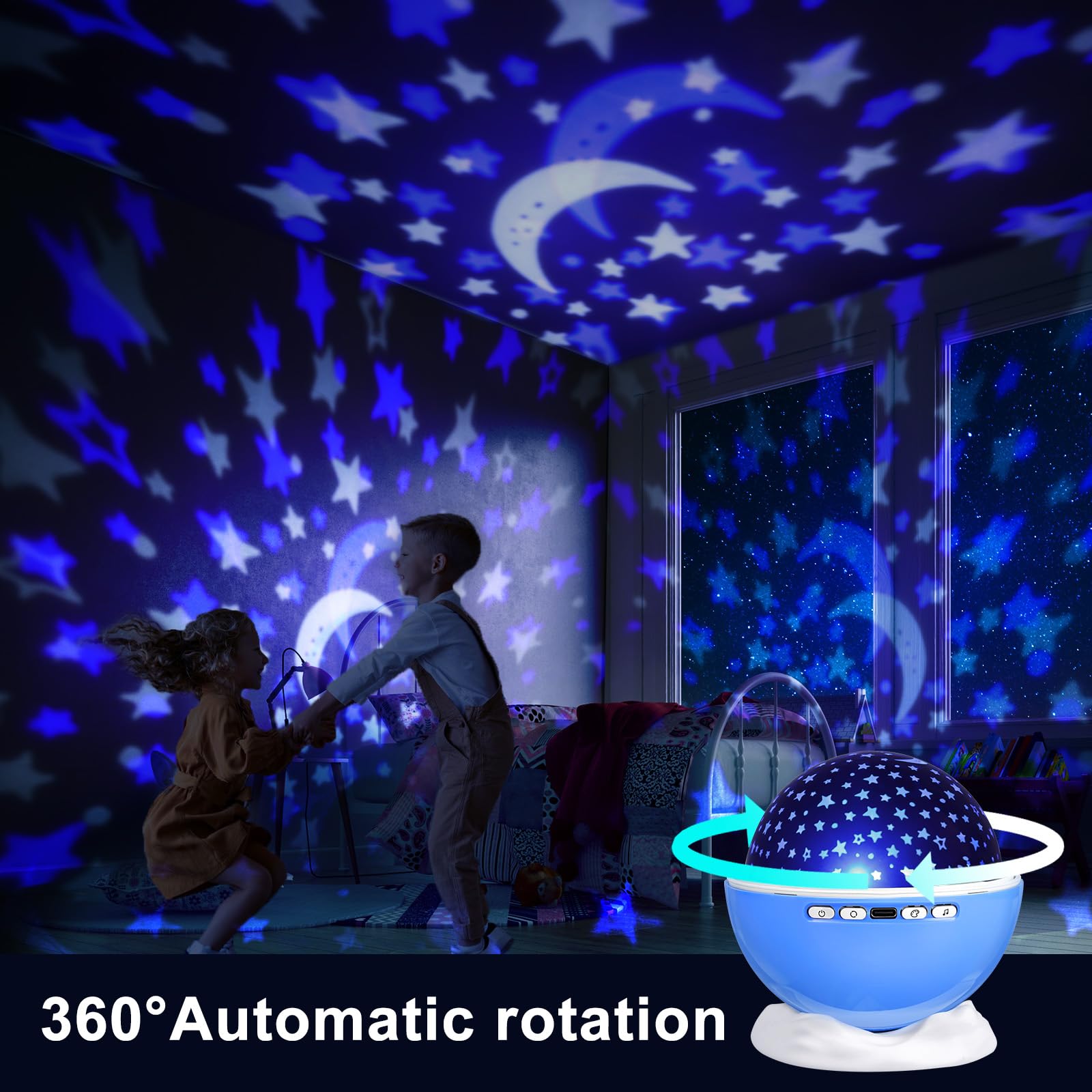 BAISIQILB Night Light Projector with Remote, 360° Rotation, 3 Films, 18 Modes, 8 Lullabies, Blue, Model AK33