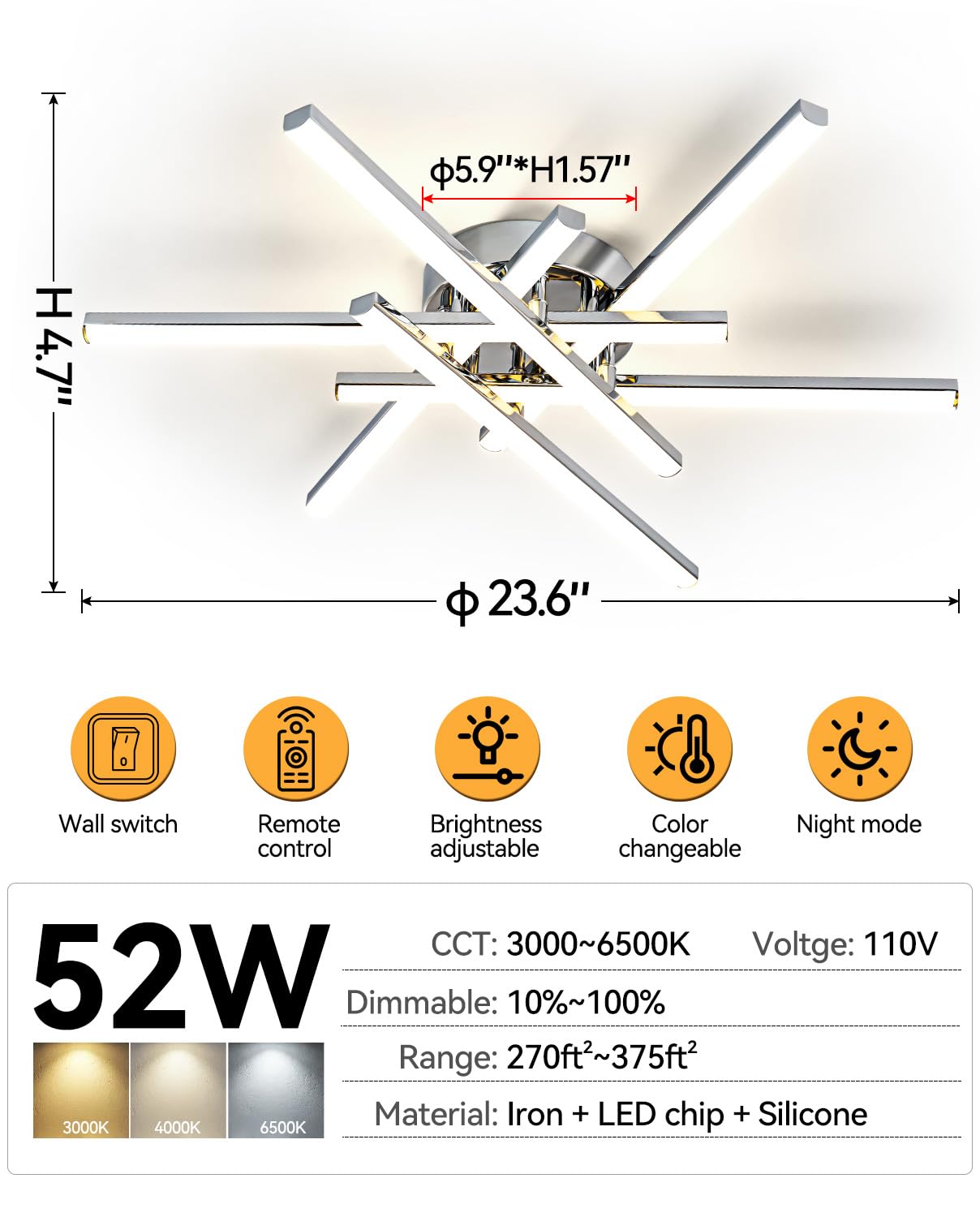 JFHTNFJ Modern Sputnik Ceiling Light Fixture 52w LED Dimmable with Remote Control Ceiling Lighting Black Flush Mount Chandelier